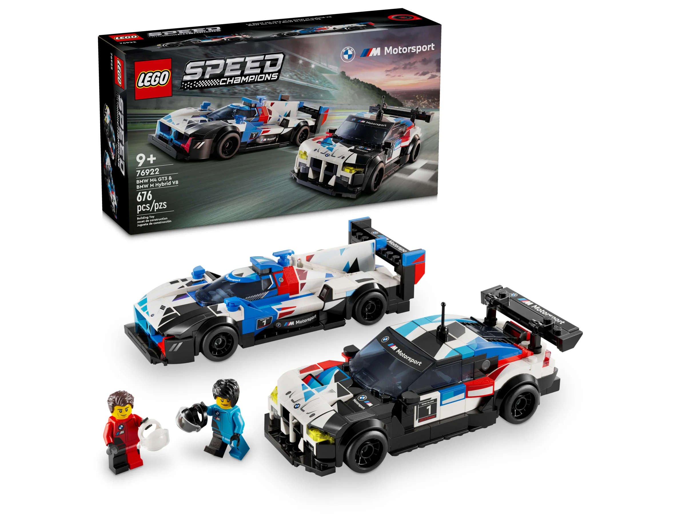 Imagine cu setul LEGO 76922, BMW M4 GT3 și BMW M Hybrid V8, incluzând cutia și minifigurinele.