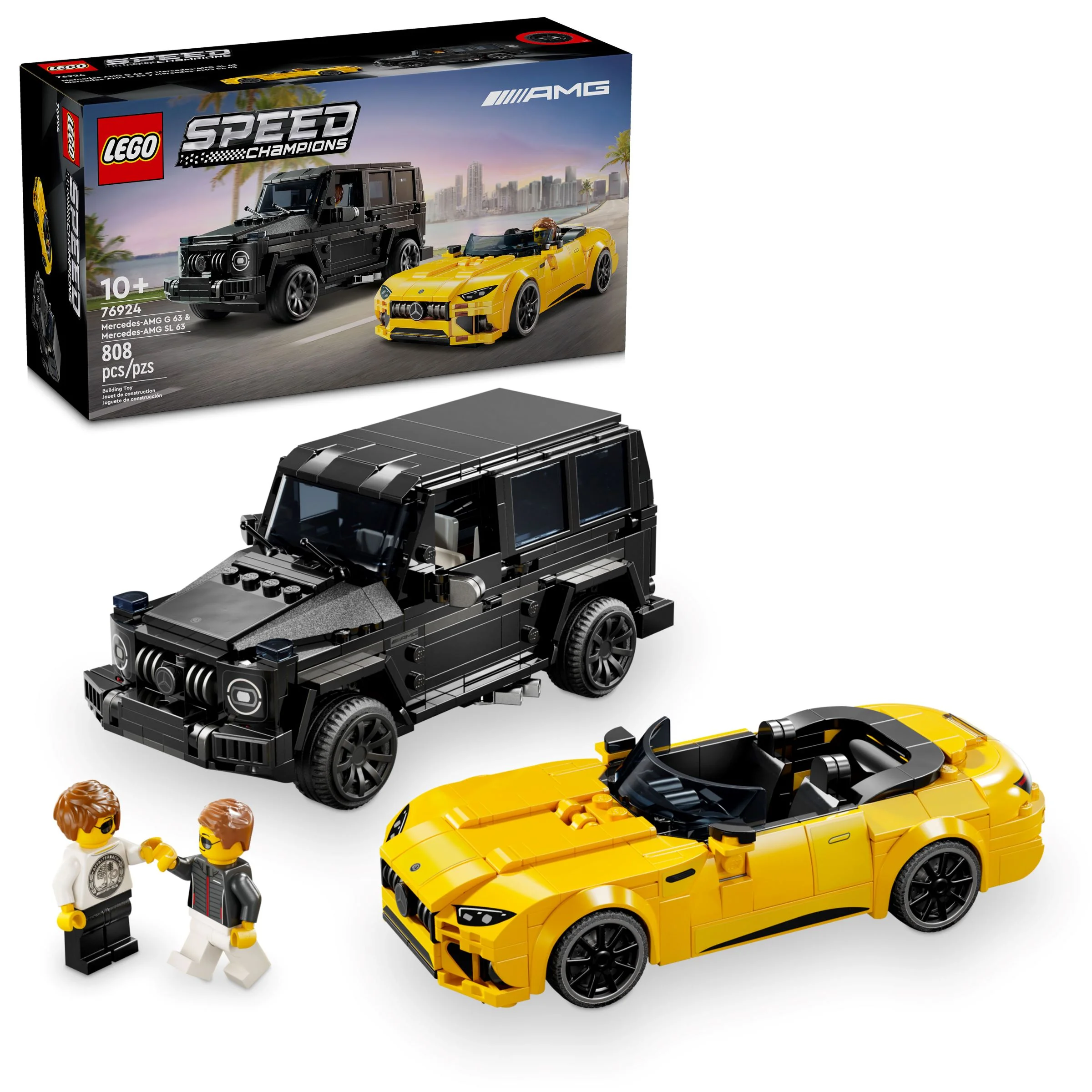 Imagine cu setul LEGO Speed Champions 76924, ce include Mercedes-AMG G 63 și SL 63.