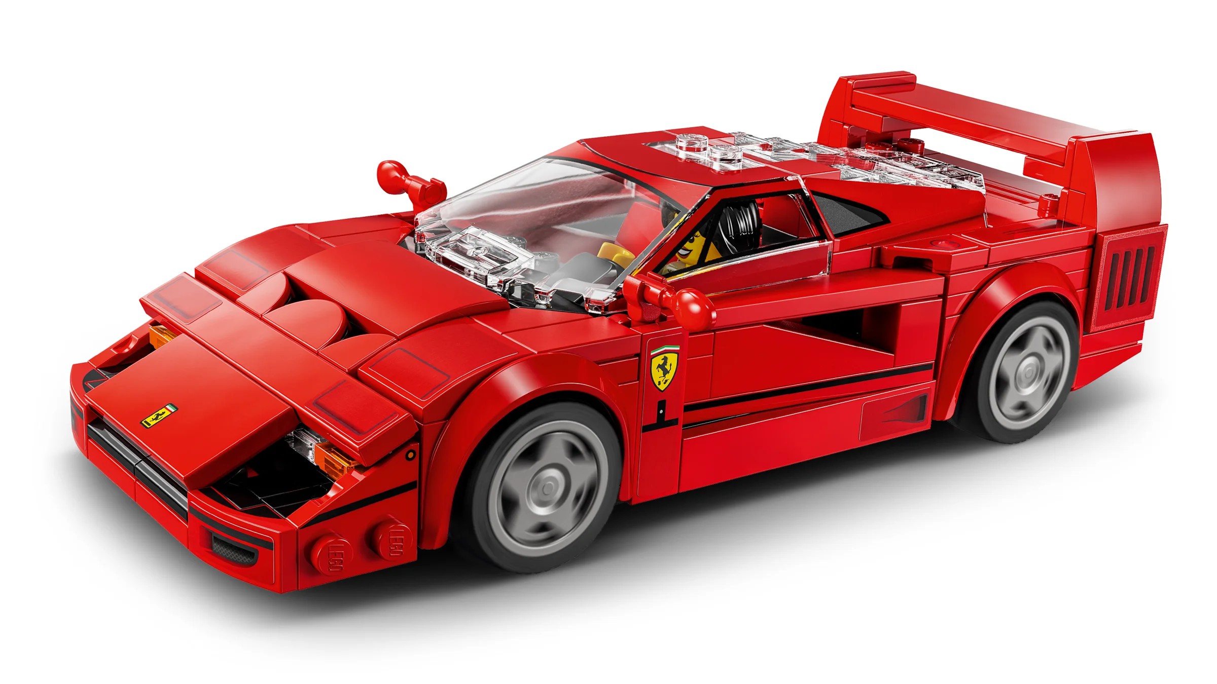 Model LEGO Ferrari F40 roșu, detaliat, pe fundal alb. O replică minunată!