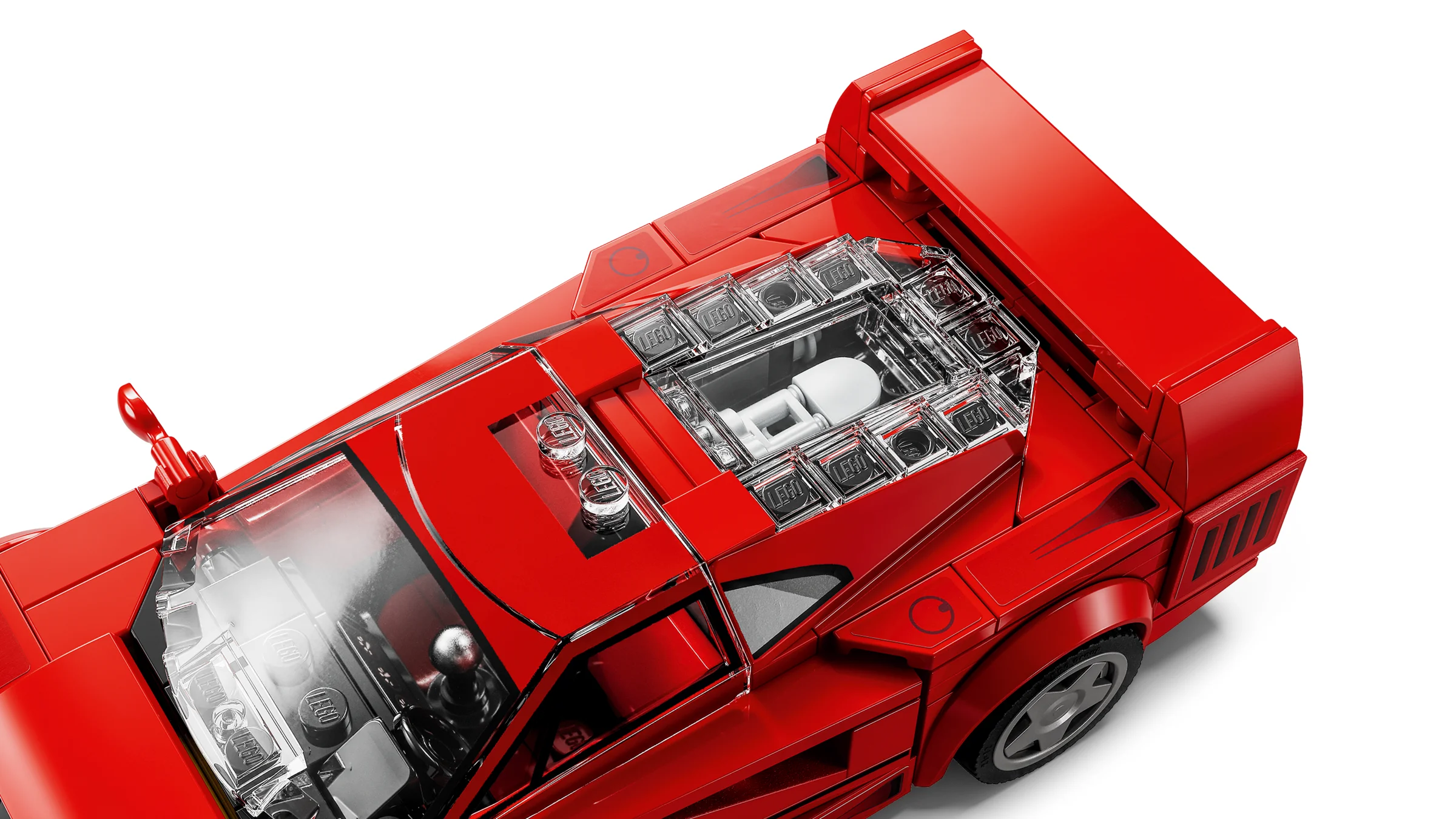 Modelul LEGO Ferrari F40, vedere de sus, detaliind motorul sub sticlă transparentă.