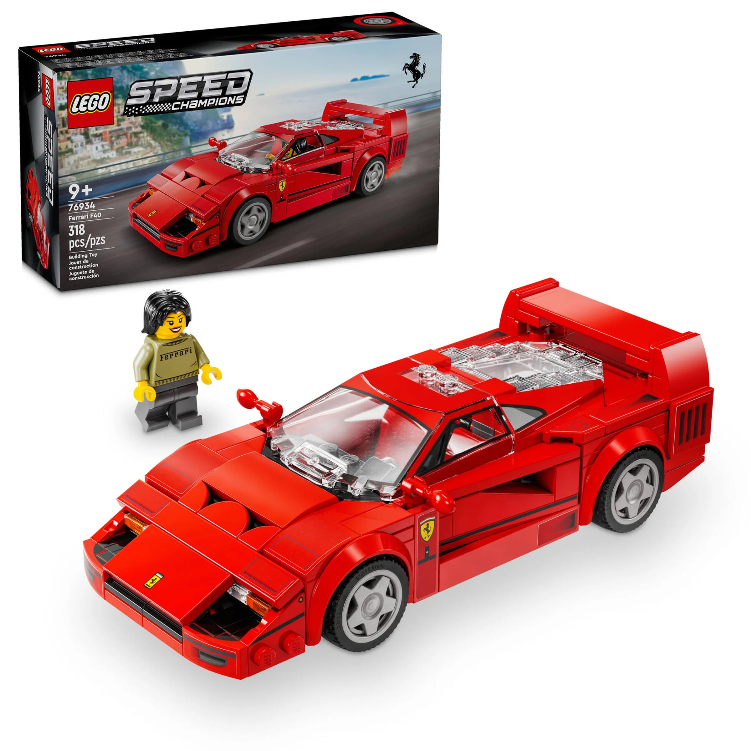 Imagine cu setul LEGO 76934 Ferrari F40, incluzând mașina, minifigurina și cutia.