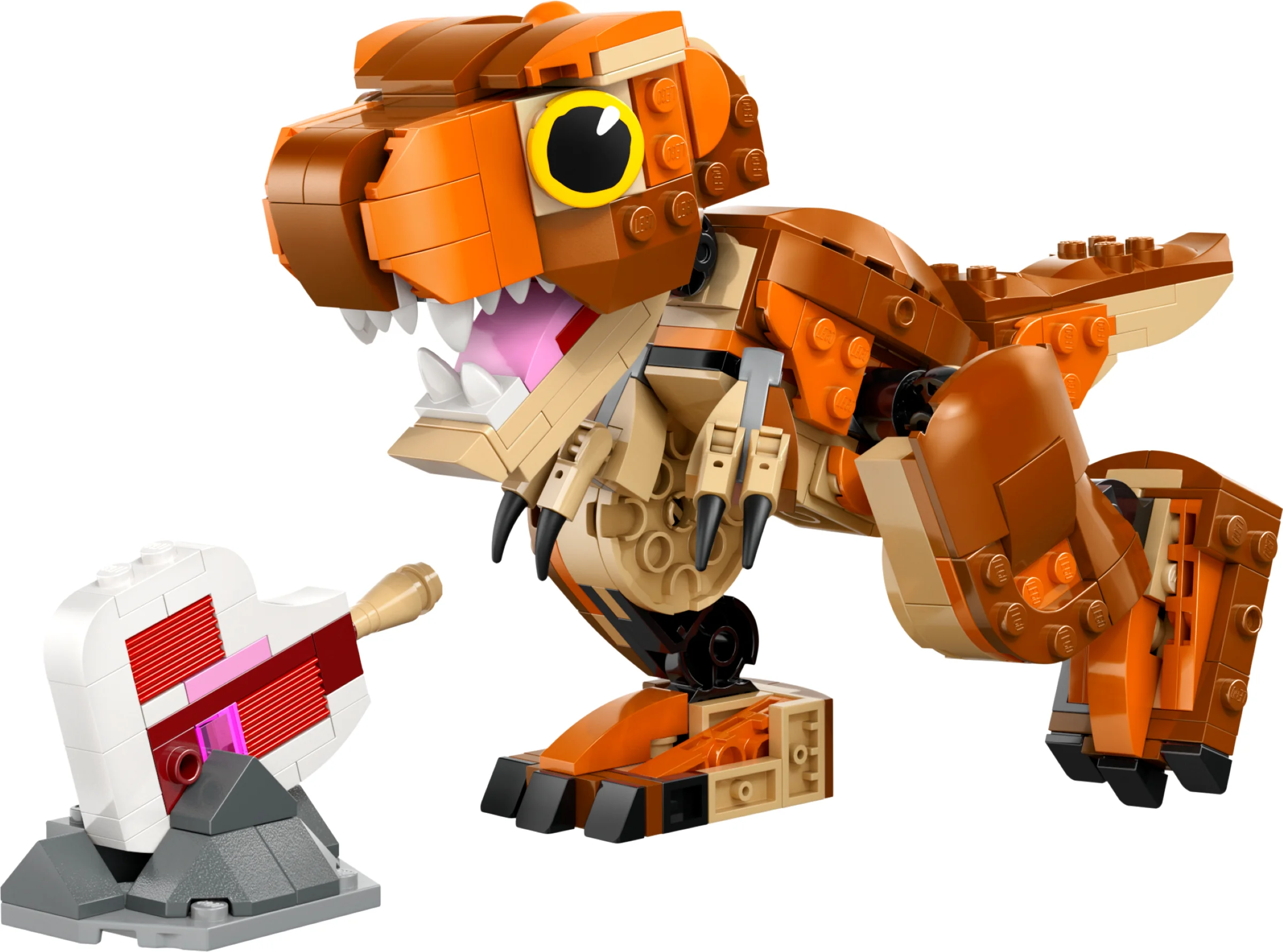 Imagine cu Little Eatie T. rex, un dinozaur LEGO adorabil, lângă o inimă construită din piese LEGO.