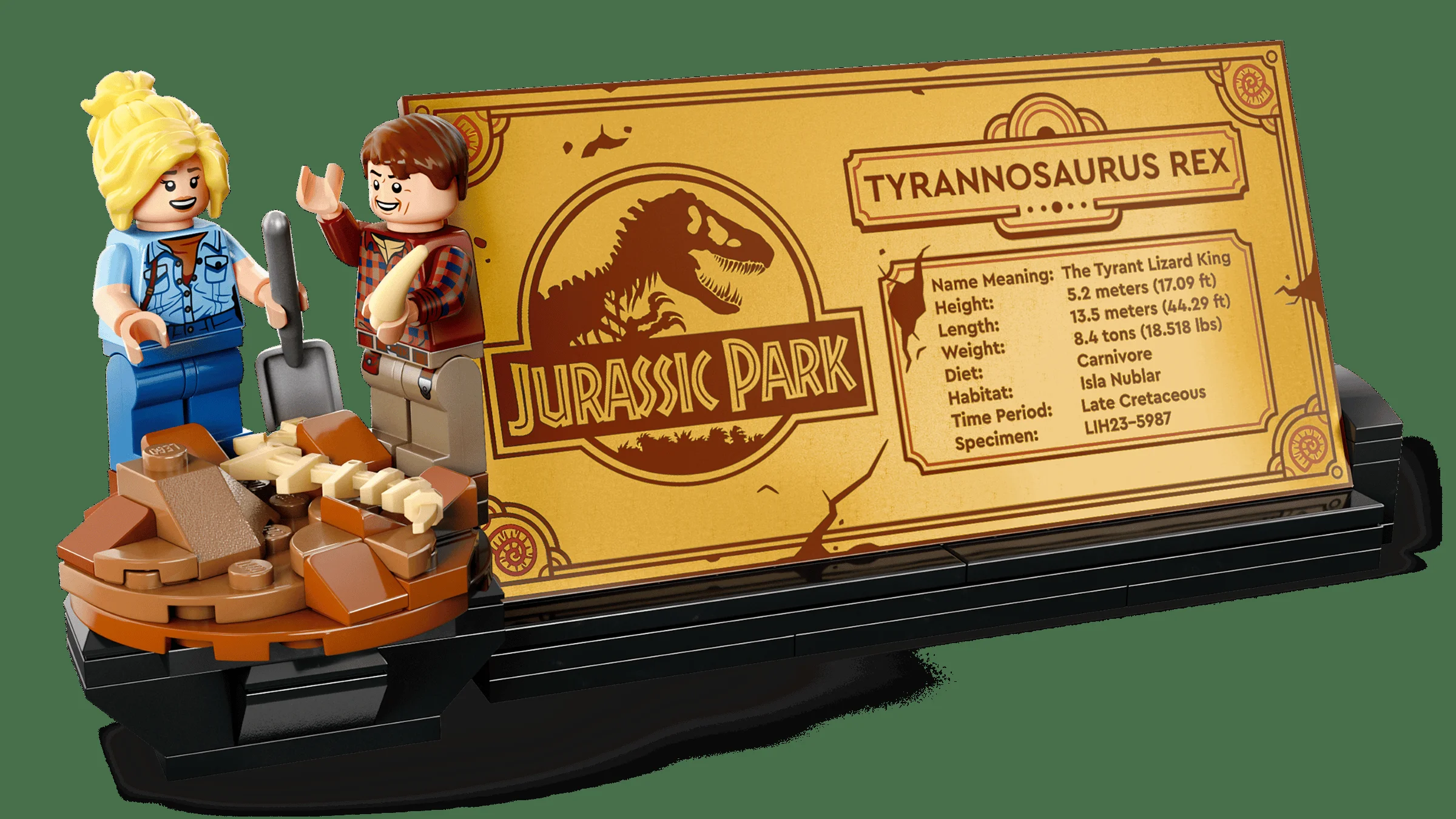 Imagine detaliată cu minifigurinele și placa informativă despre Tyrannosaurus Rex.