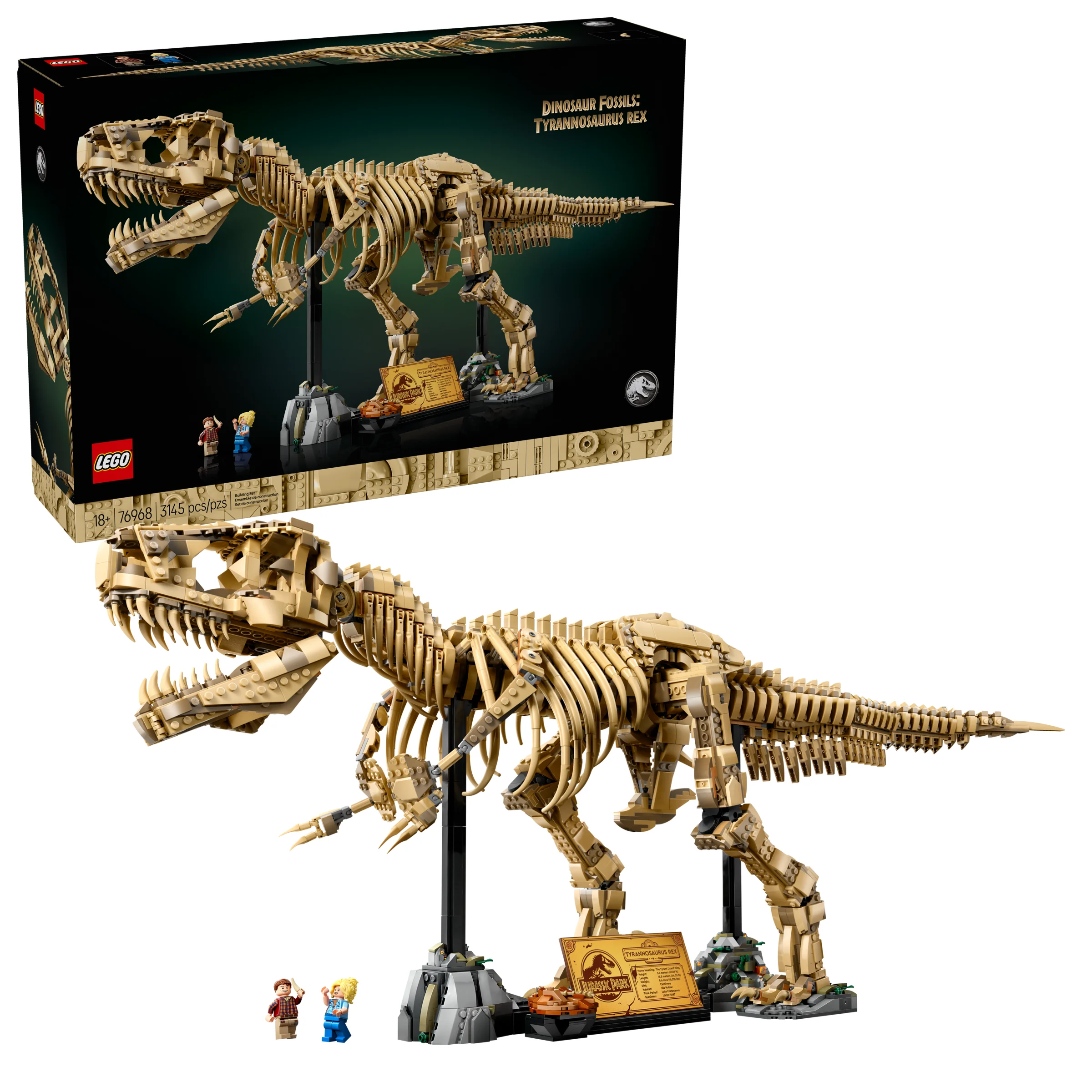 Imagine cu setul LEGO 76968 Dinosaur Fossils: Tyrannosaurus Rex, cu scheletul și minifigurinele.