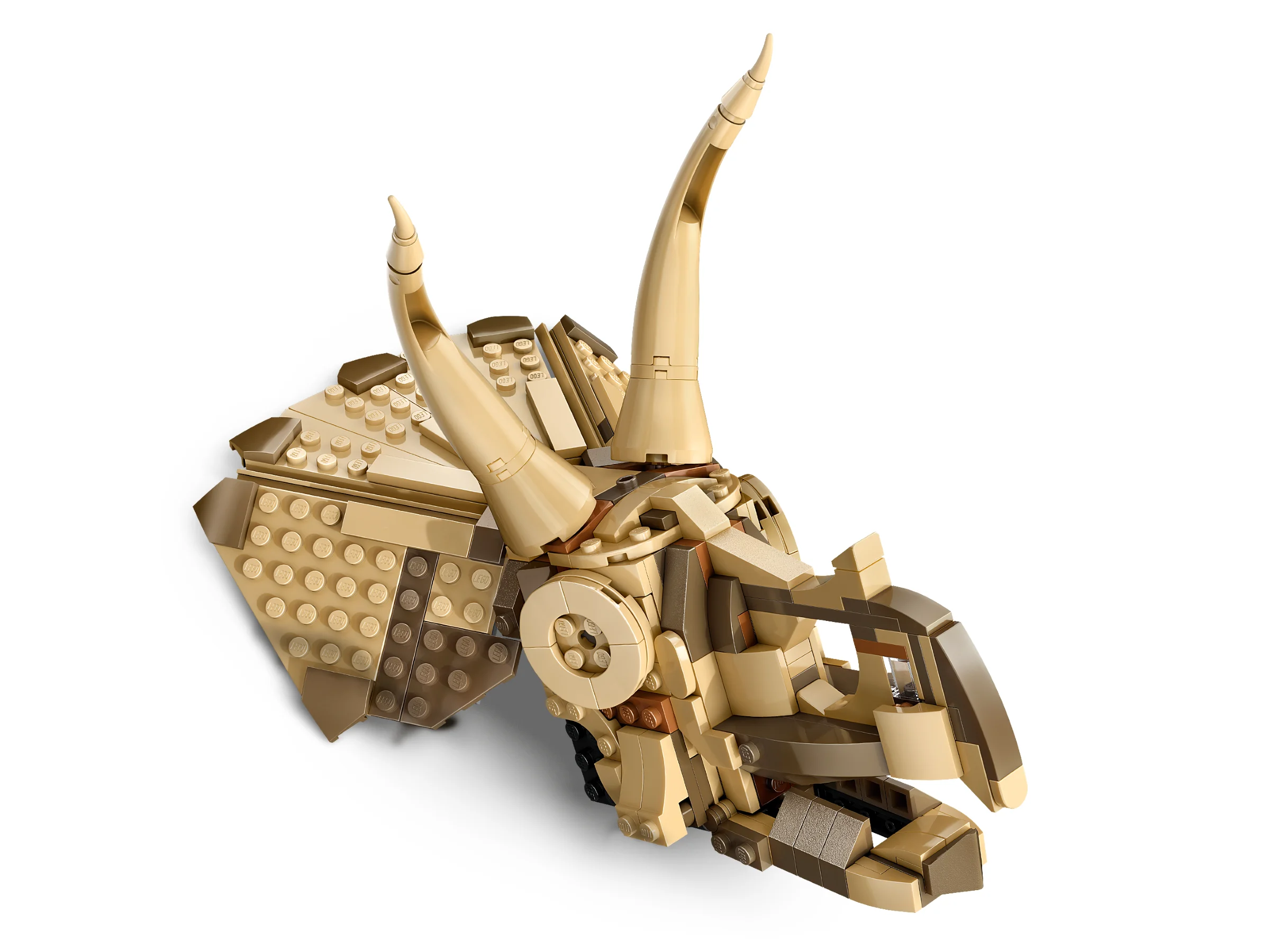 Imagine cu craniul Triceratops construit din LEGO, detaliat și realist.