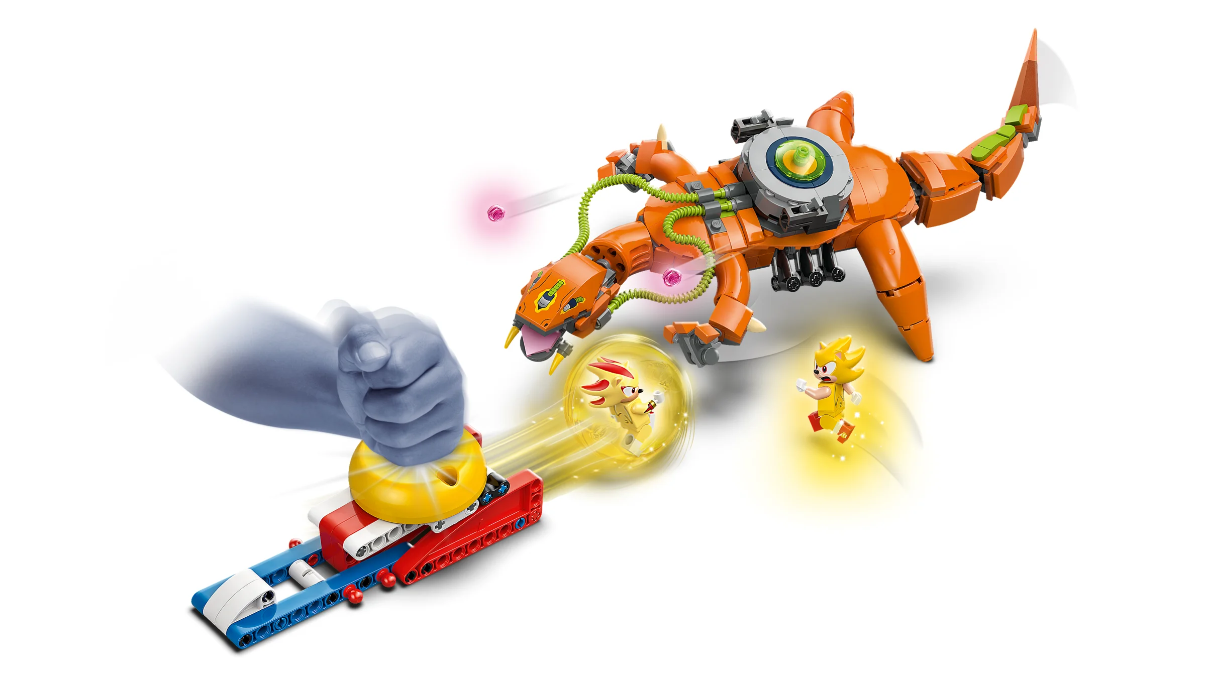Imagine ce prezintă setul LEGO Super Shadow vs. Biolizard, cu detalii ale lansatorului și minifigurinele.