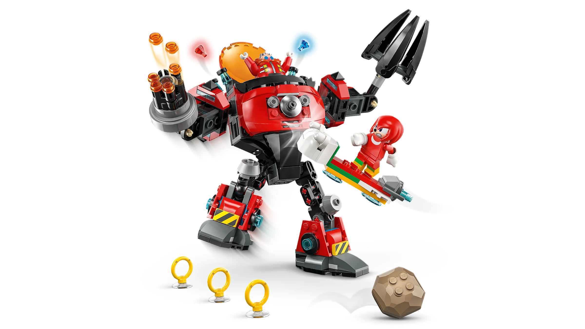 Imagine cu setul LEGO 77005: Knuckles contra Dr. Eggman în Mech-ul Distrugător de Ouă.