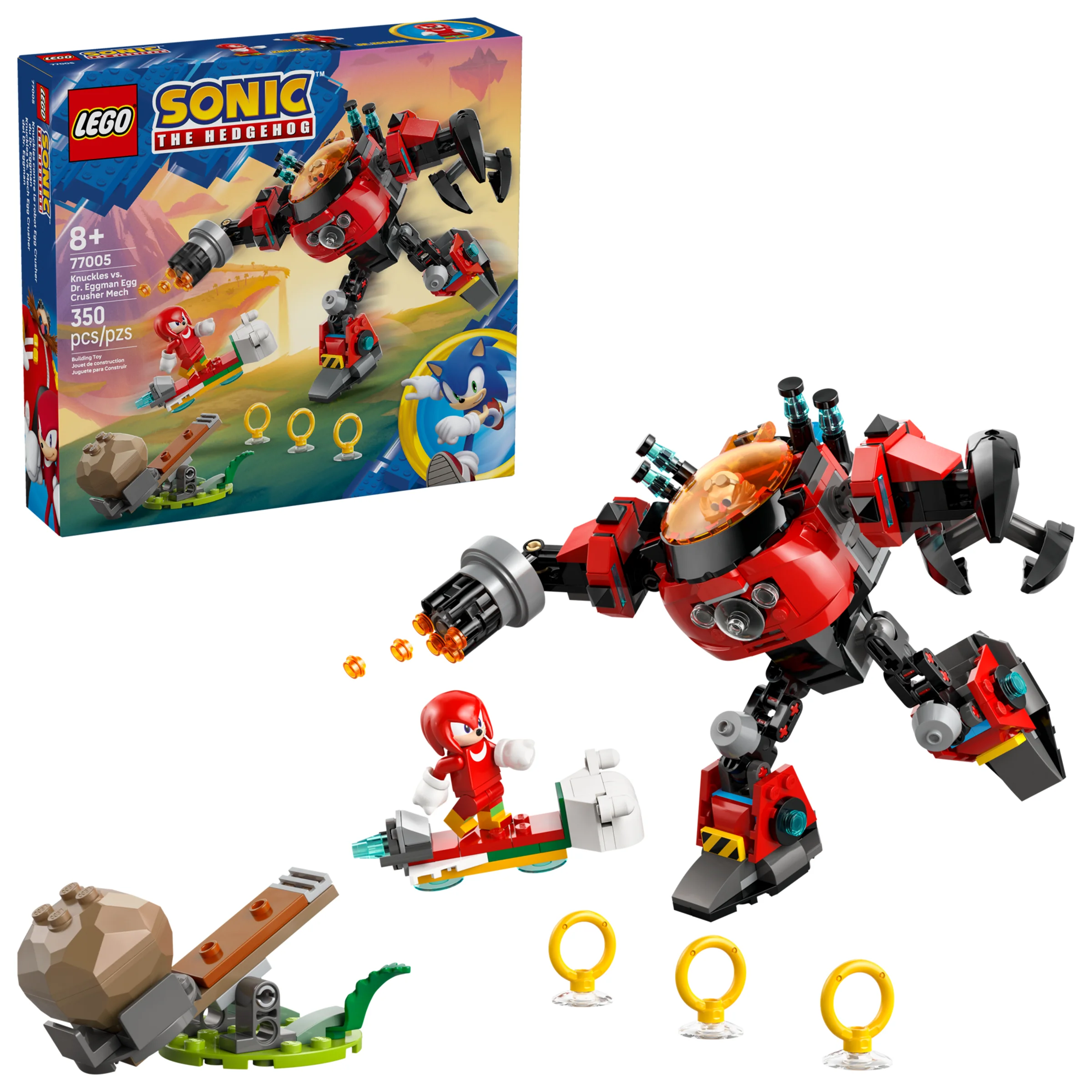 Imagine cu setul LEGO 77005 Knuckles vs. Dr. Eggman. Include cutia și modelul asamblat, cu minifigurine.