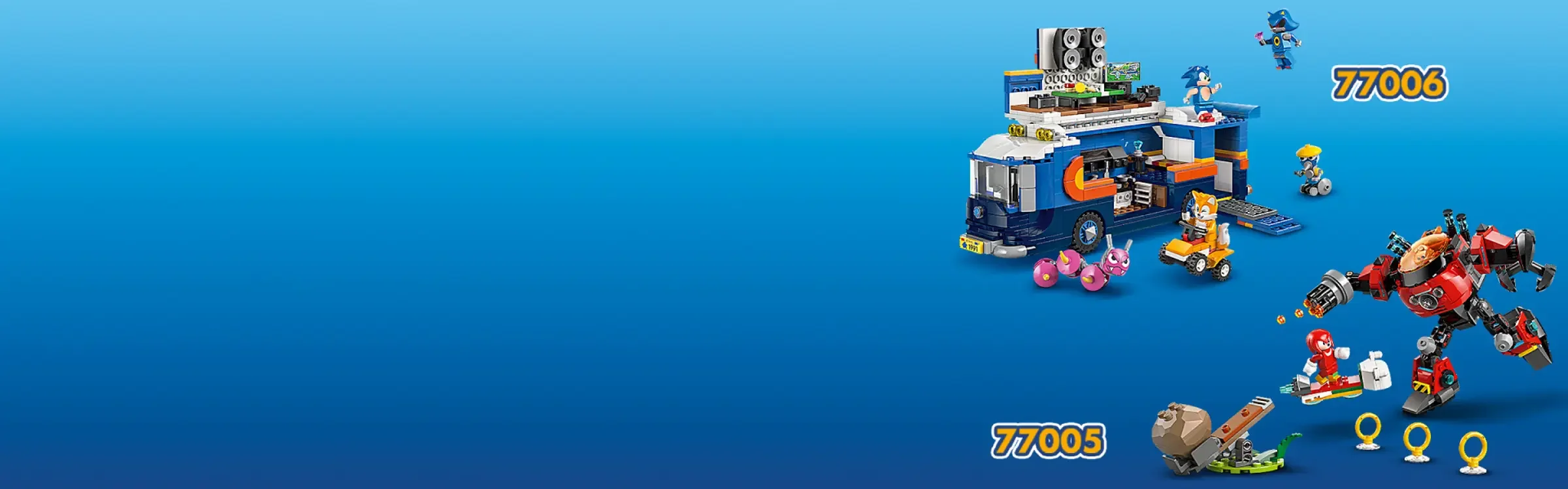 Setul LEGO 77005 Knuckles vs. Dr. Eggman, cu mech-ul Egg Crusher, prezentat detaliat.