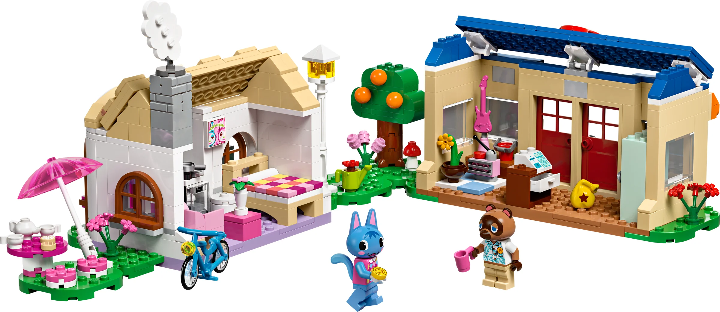 Imagine cu setul LEGO Animal Crossing Nook's Cranny și casa lui Rosie. Detaliile sunt colorate și atrăgătoare.