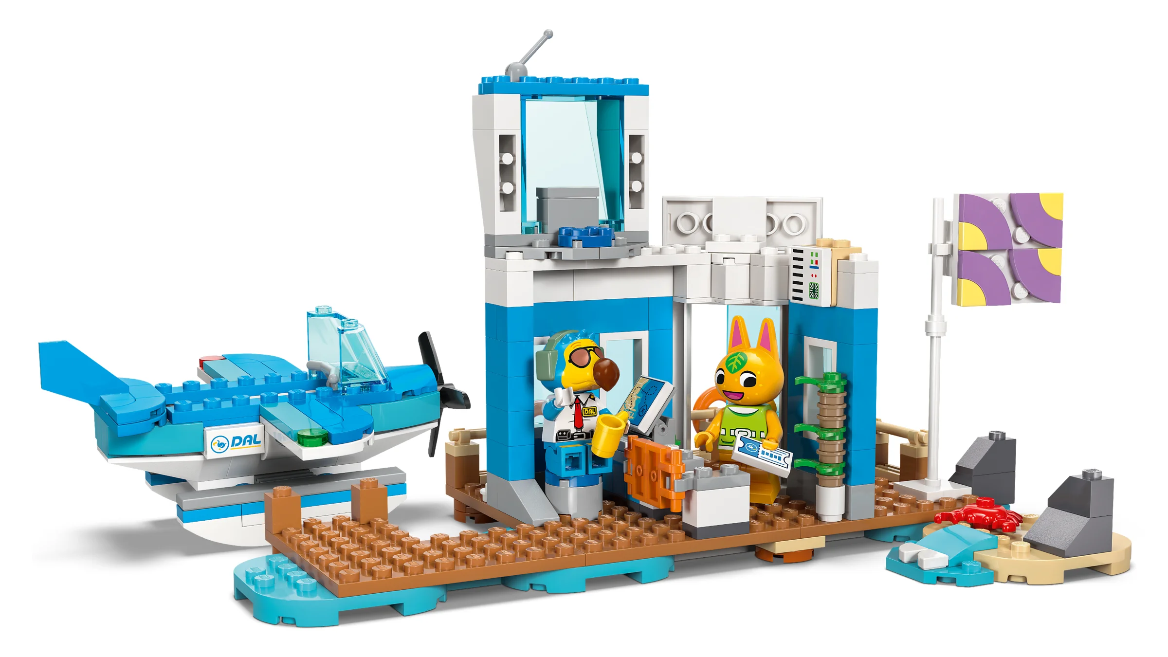 Imagine cu setul LEGO Animal Crossing 77051, Dodo Airlines. Aeronavă, minifigurine și clădire.