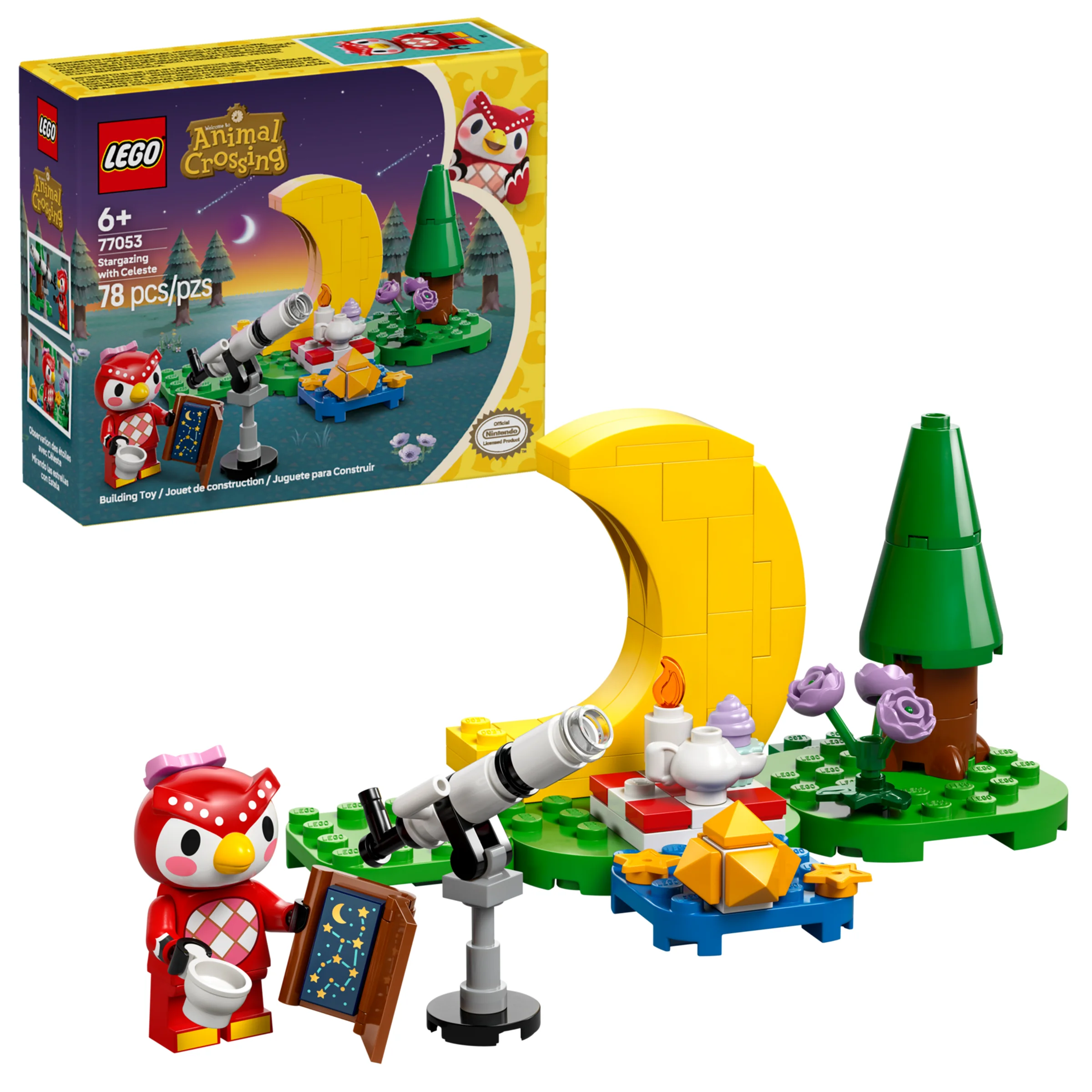 Imagine cu setul LEGO Animal Crossing 77053, cu Celeste și zona de stargazing.