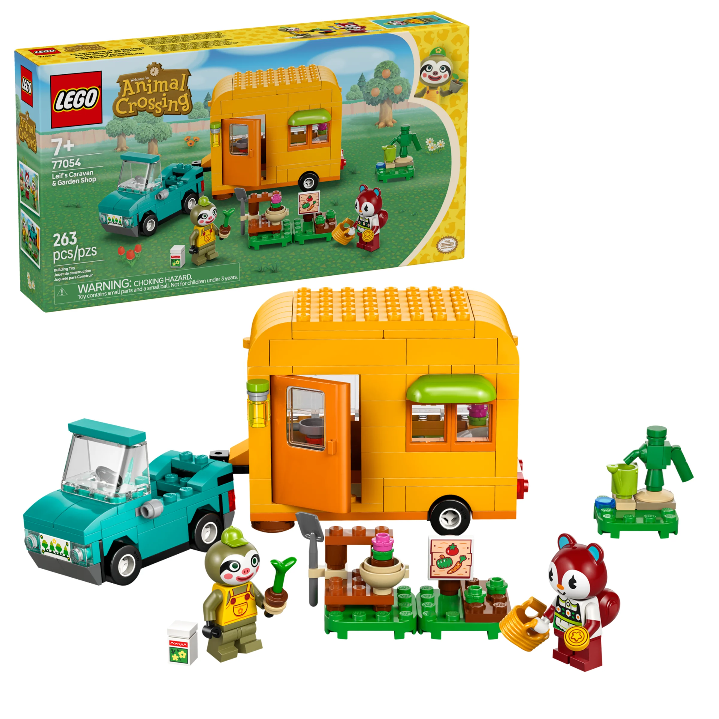Imagine cu setul LEGO 77054, rulota lui Leif și magazinul de grădină, arătând detaliile și minifigurinele.