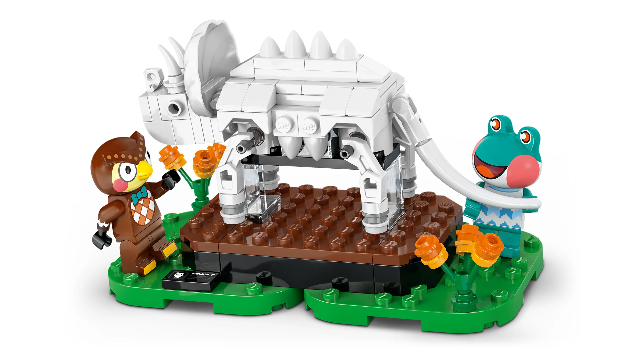 Imagine cu Blathers, Froggy și un schelet de triceratops din LEGO Animal Crossing.