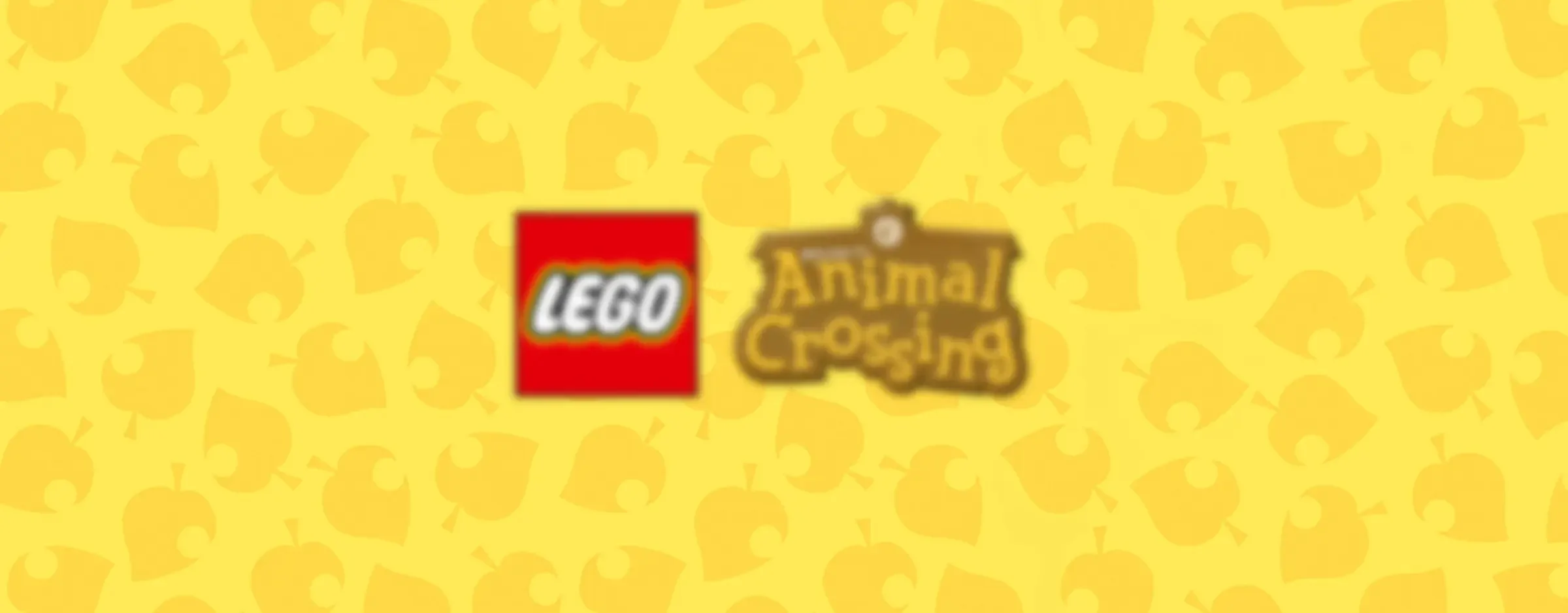 Logo LEGO și Animal Crossing pe fundal galben cu frunze. Imagine estompată.