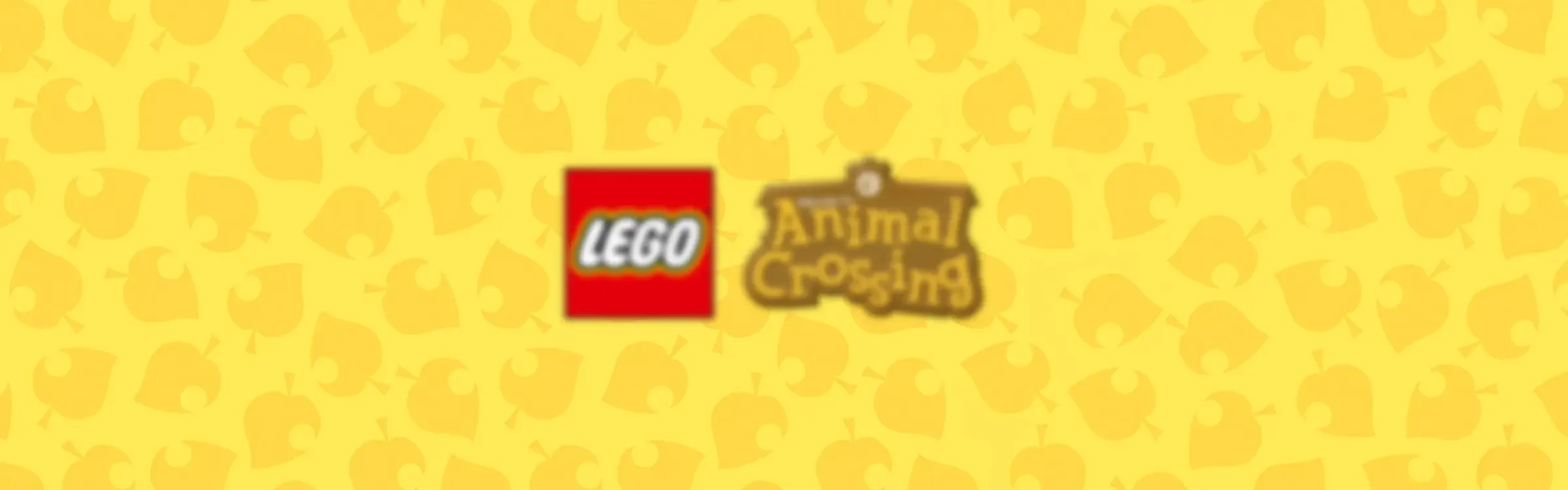 Siglele LEGO și Animal Crossing pe un fundal galben cu frunze. 