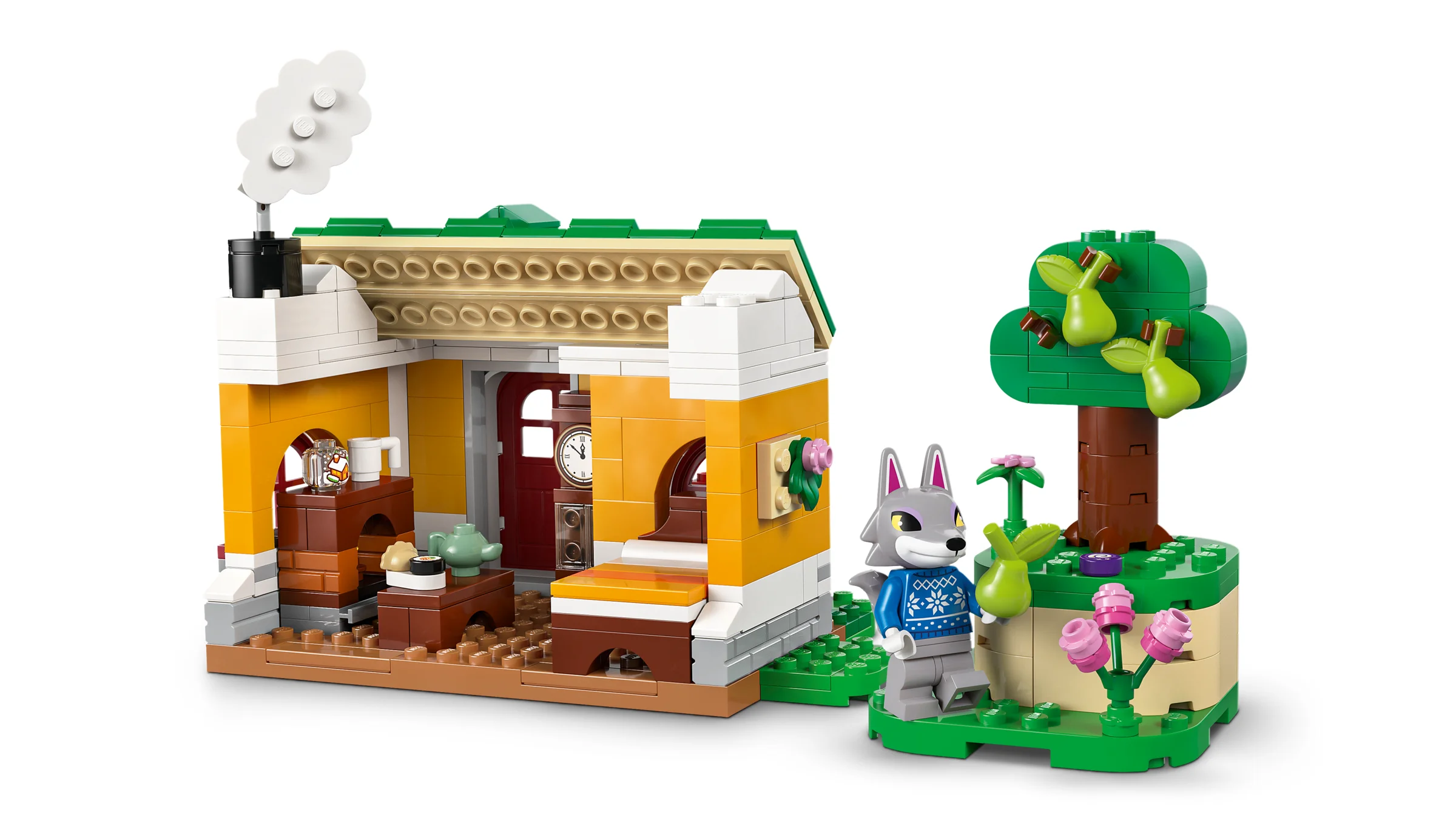 O imagine detaliată cu o casă LEGO Animal Crossing și un personaj lup. Atmosferă prietenoasă și distractivă.