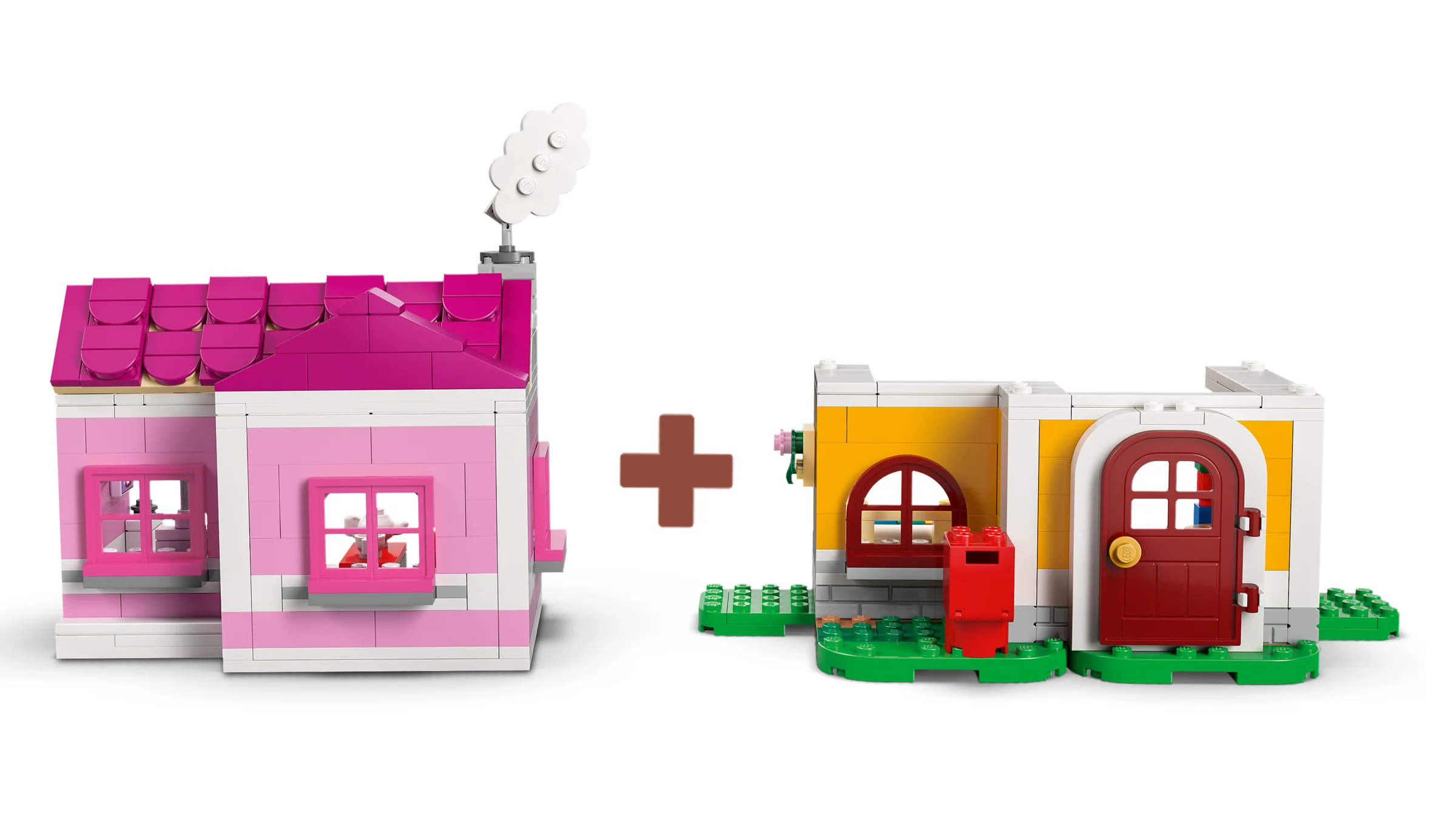 Imagine cu două case LEGO Animal Crossing separate, cu detalii colorate și accesorii.