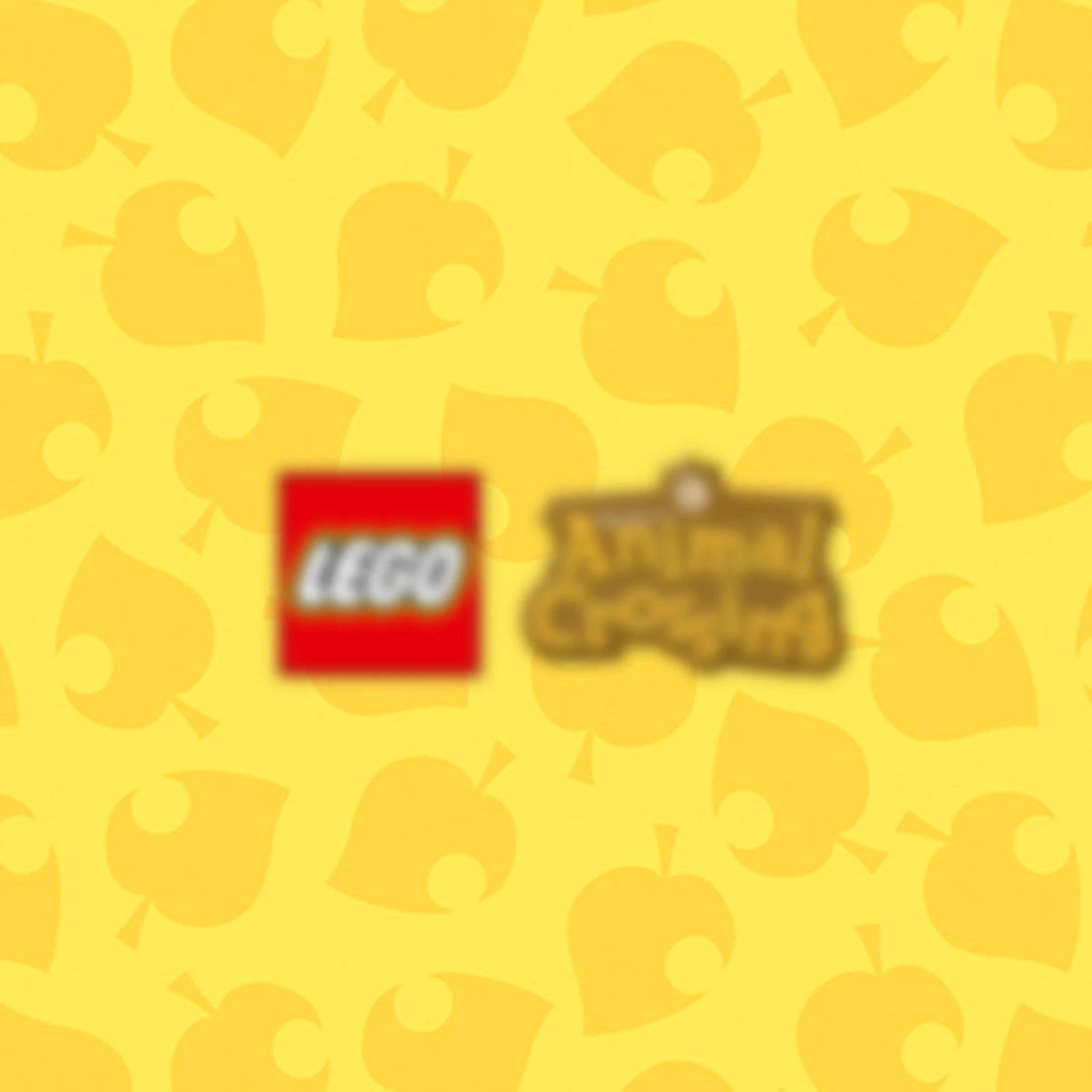 Logo LEGO și Animal Crossing pe un fundal cu frunze galbene, estompat.