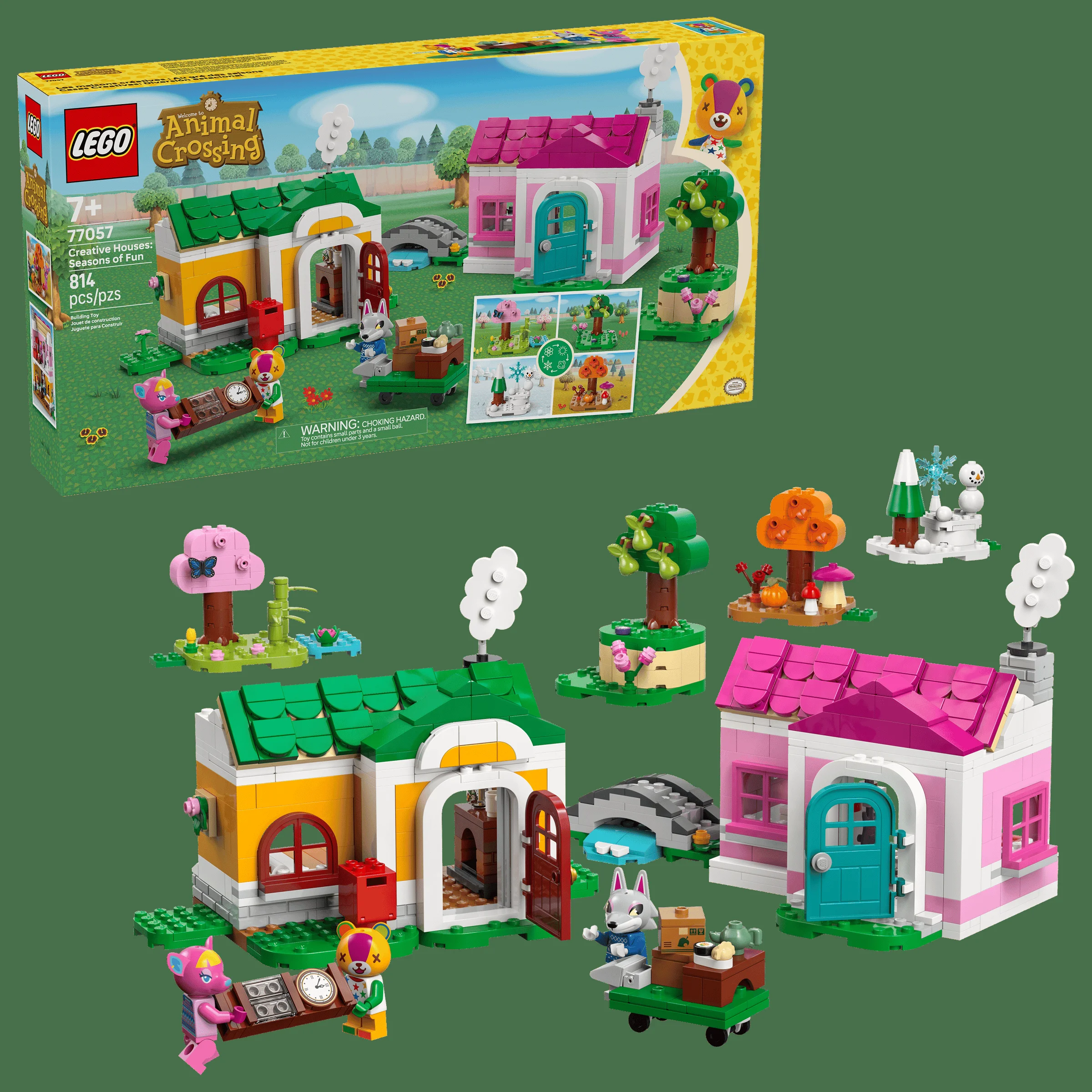 Imagine cu setul LEGO 77057, cu casele Animal Crossing și minifigurinele. Distracție de sezon!