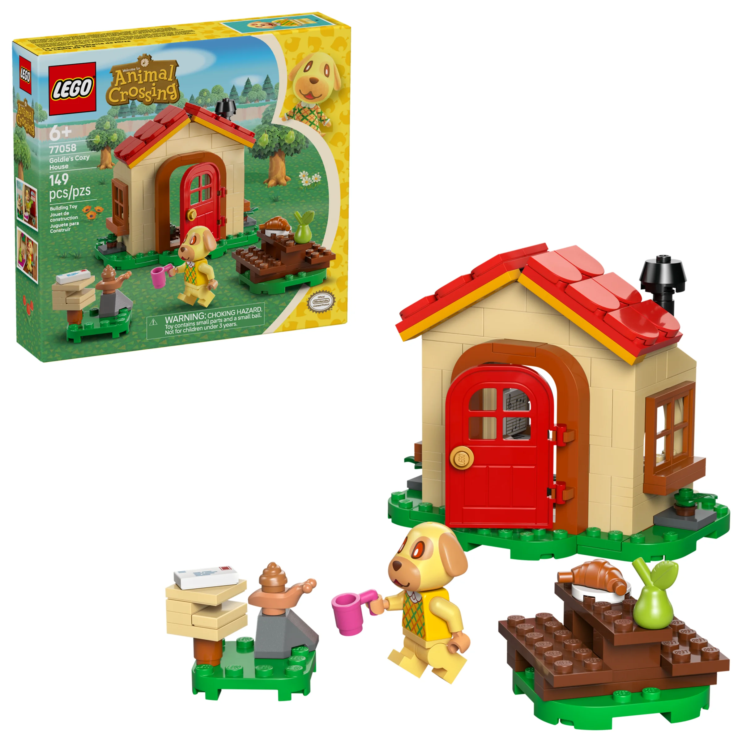 Imagine cu setul LEGO 77058 „Căsuța primitoare a lui Goldie”, cu căsuța, minifigurina Goldie și accesorii.