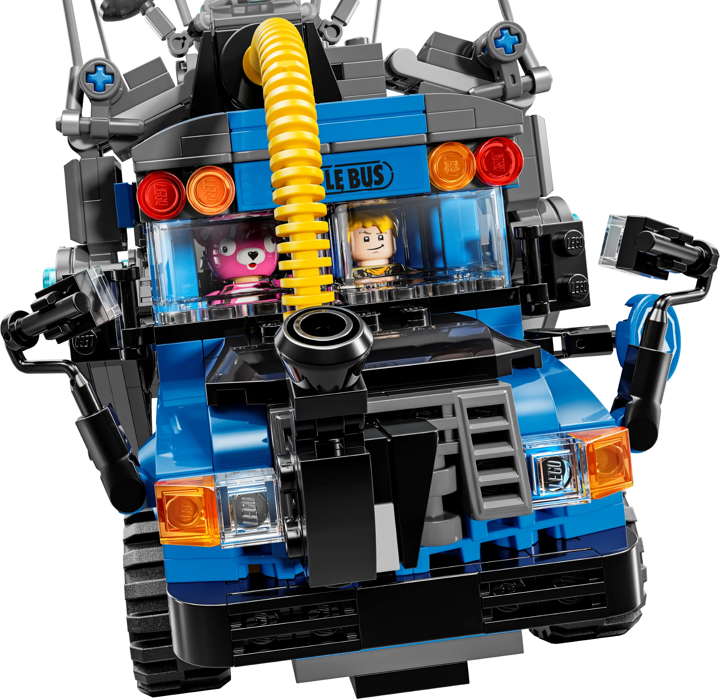 Imagine cu autobuzul de luptă Fortnite LEGO, cu minifigurinele. Model detaliat.