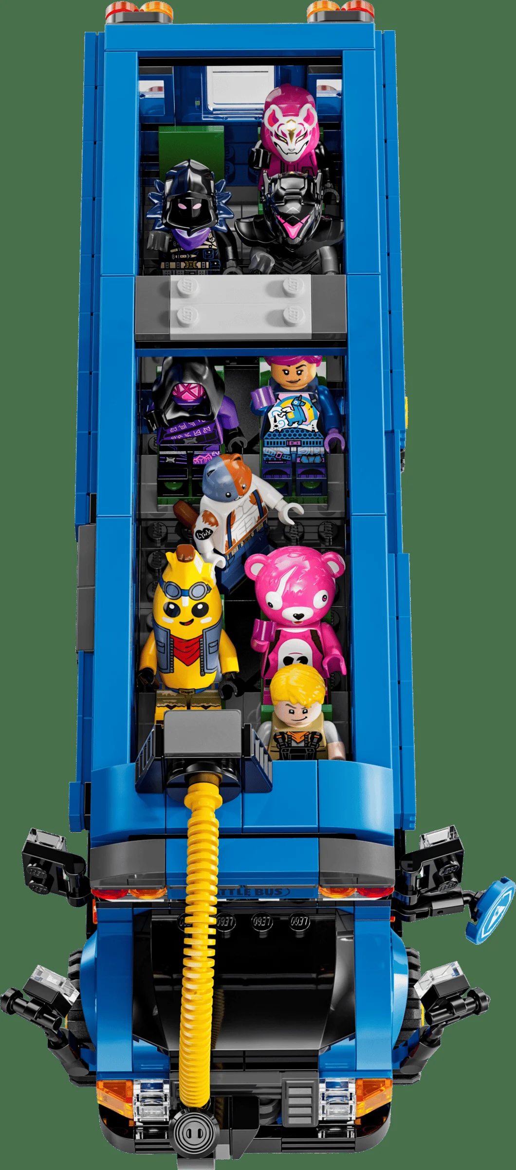 Autobuzul de luptă plin cu minifigurine Fortnite. Perspectivă de jos în sus.