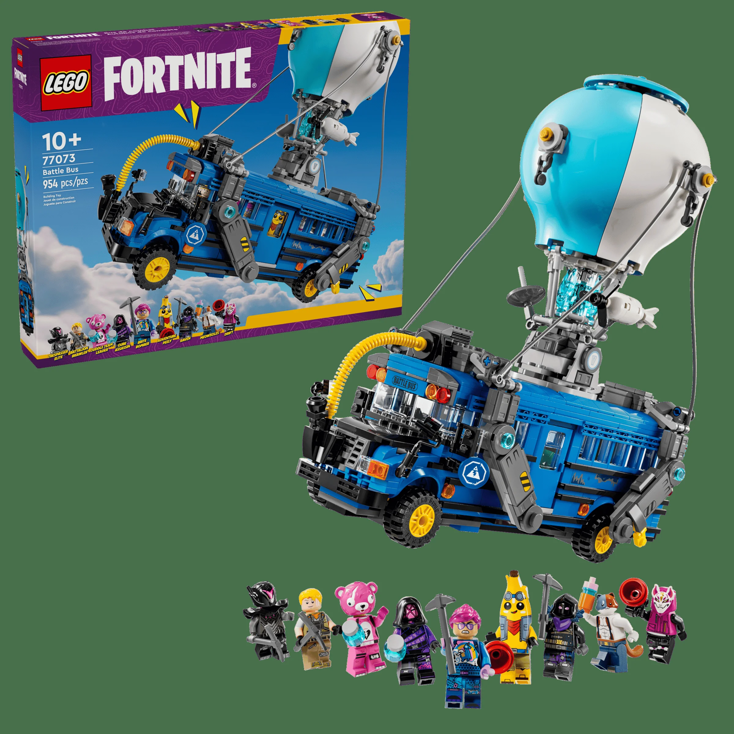 Imagine cu setul LEGO Fortnite 77073, Battle Bus, cu cutia și minifigurinele incluse.