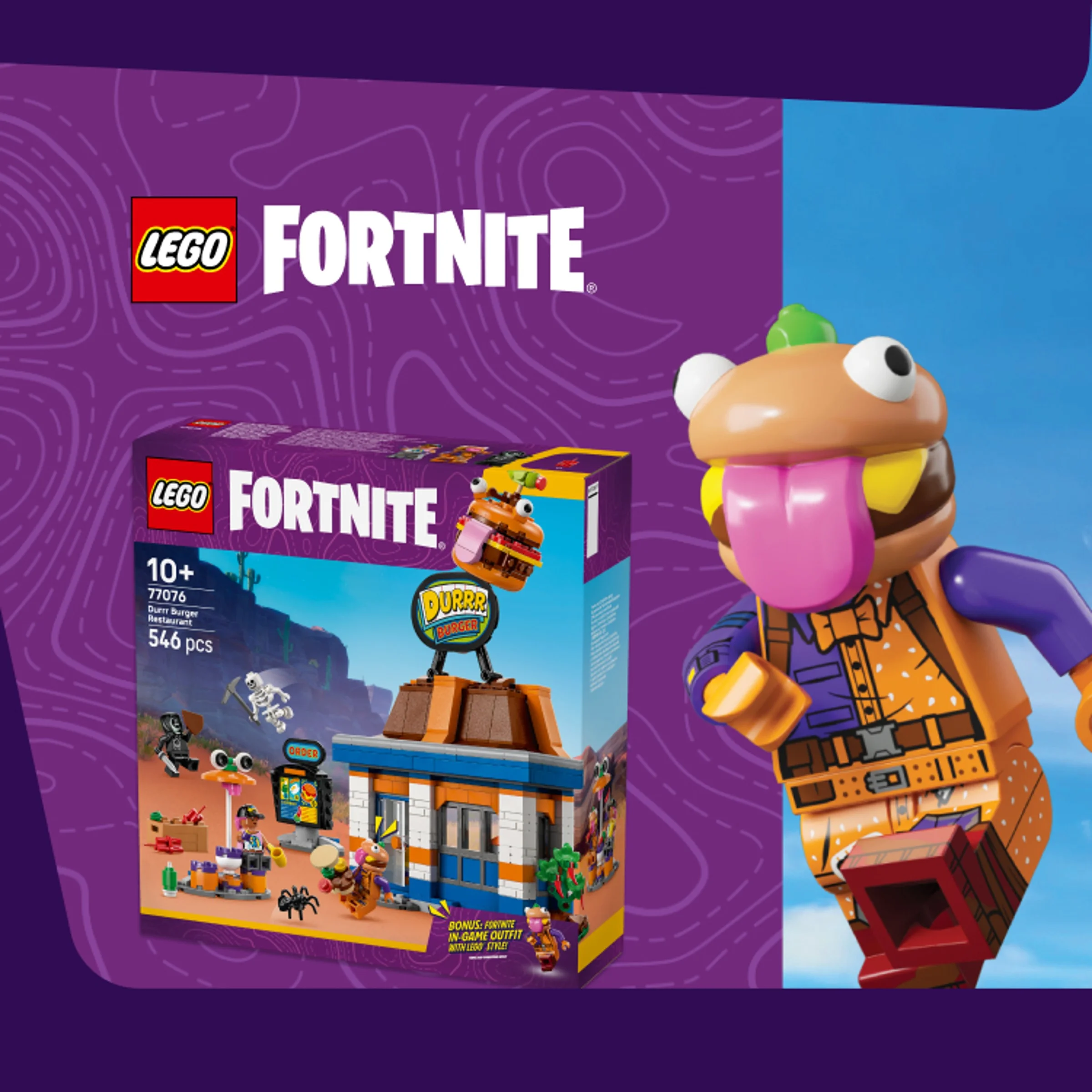 Imagine cu cutia LEGO Fortnite 77076 și minifigurina Durrr Burger, detaliind tema și conținutul setului.