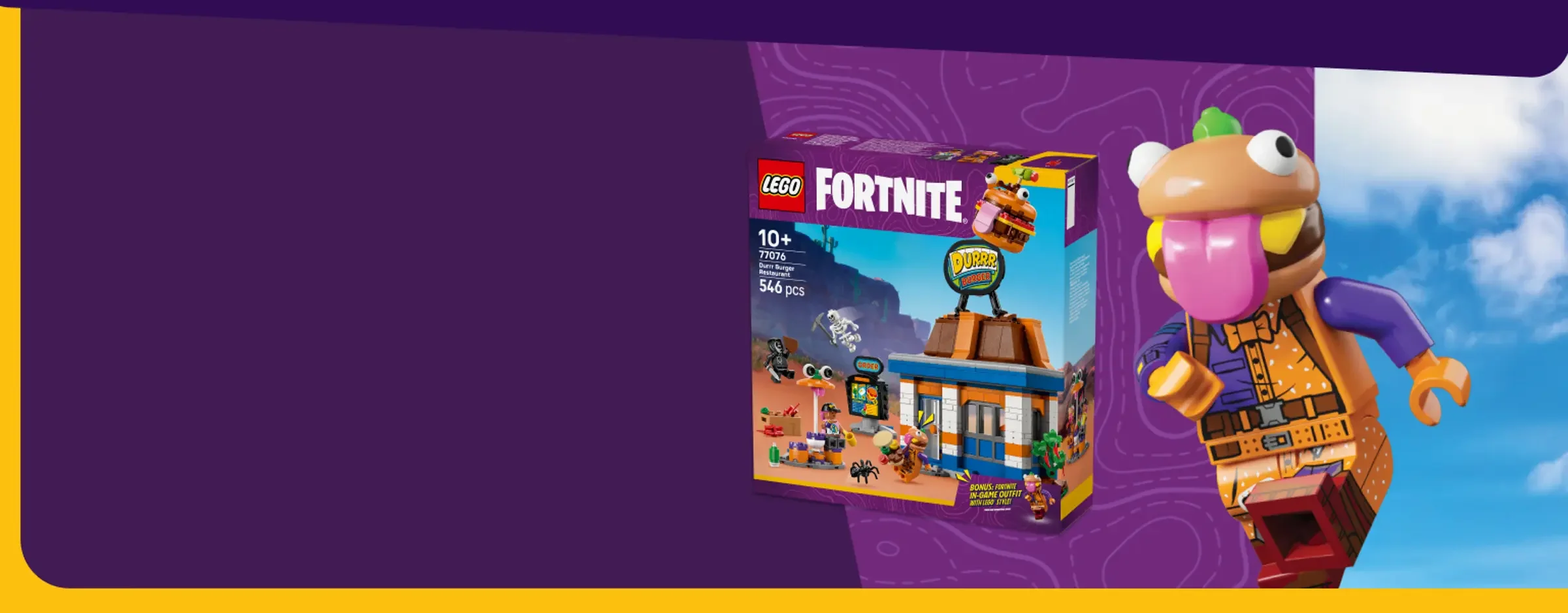 Imagine cu cutia setului LEGO Fortnite 77076 și o minifigurină Durrr Burger.