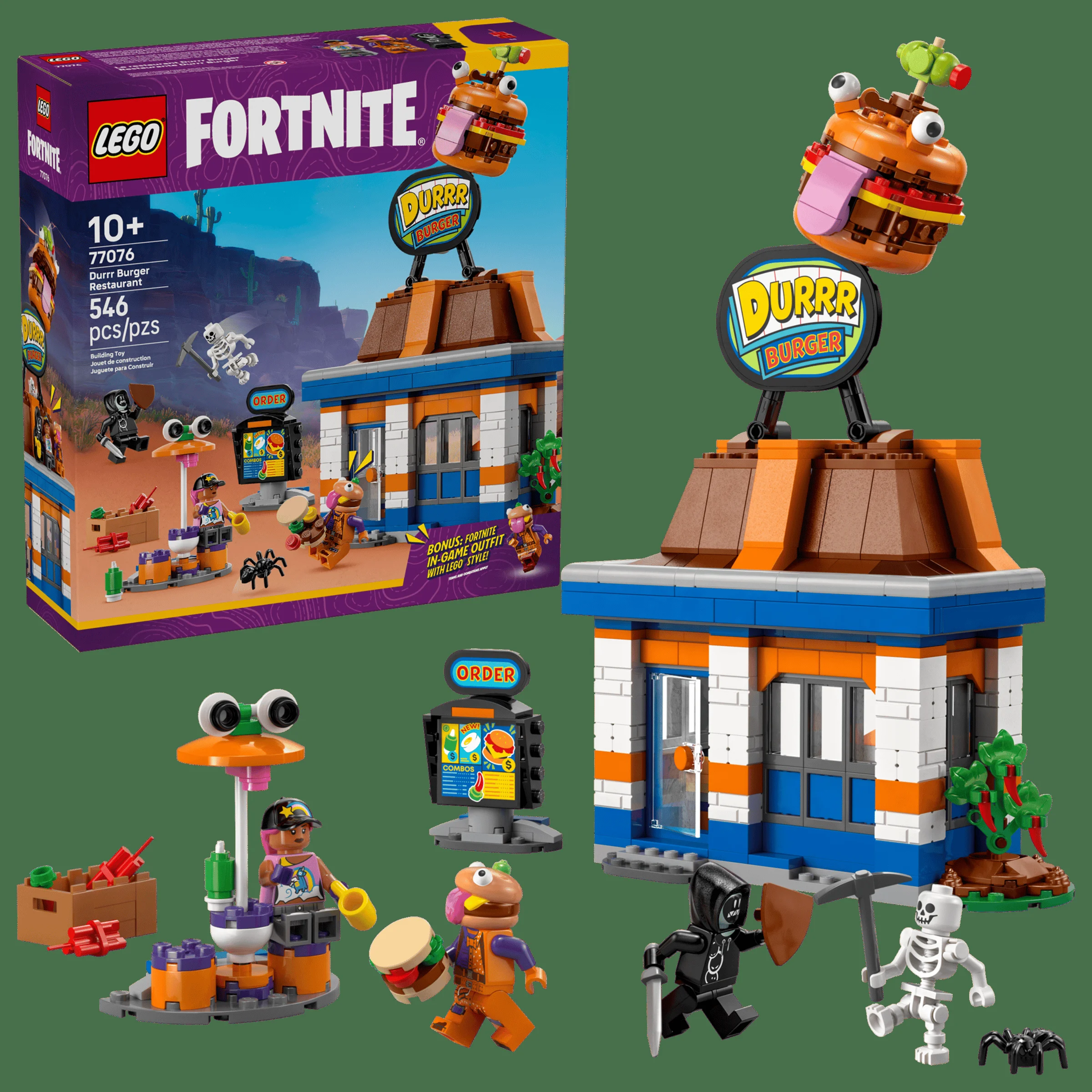 Imagine cu LEGO Fortnite 77076 Durrr Burger Restaurant. Setul include minifigurine și restaurantul Durrr Burger.