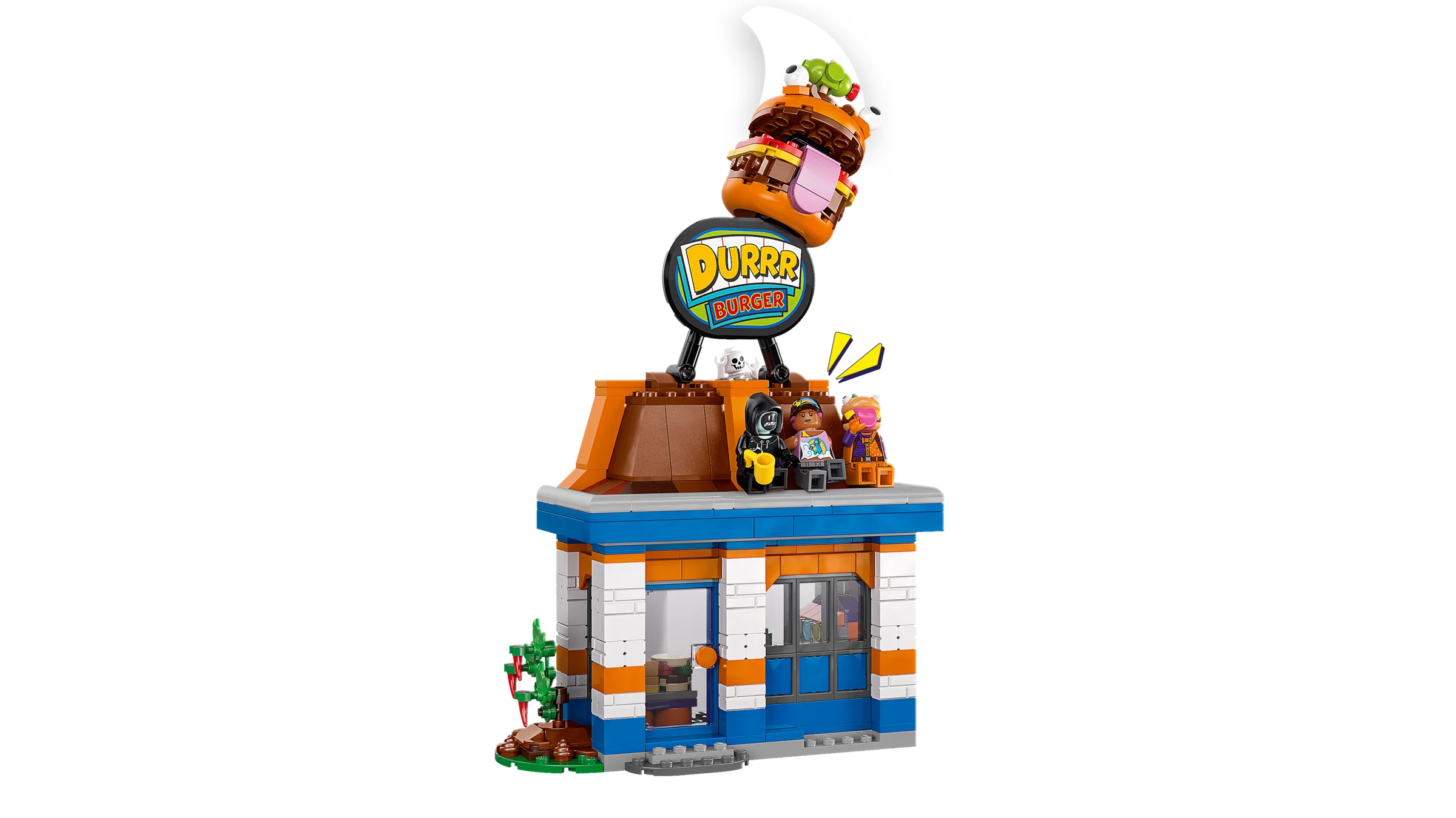 Restaurantul Durrr Burger LEGO Fortnite, cu minifigurine pe acoperiș.