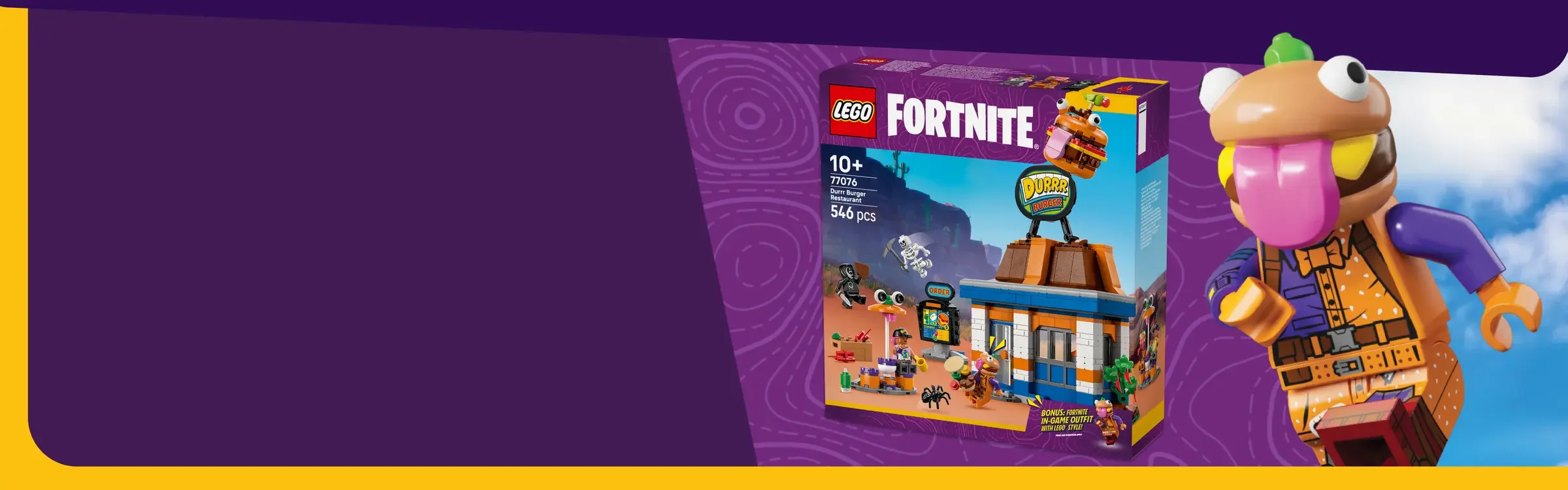 Imagine cu setul LEGO Fortnite 77076 Durrr Burger Restaurant și minifigurina aferentă.