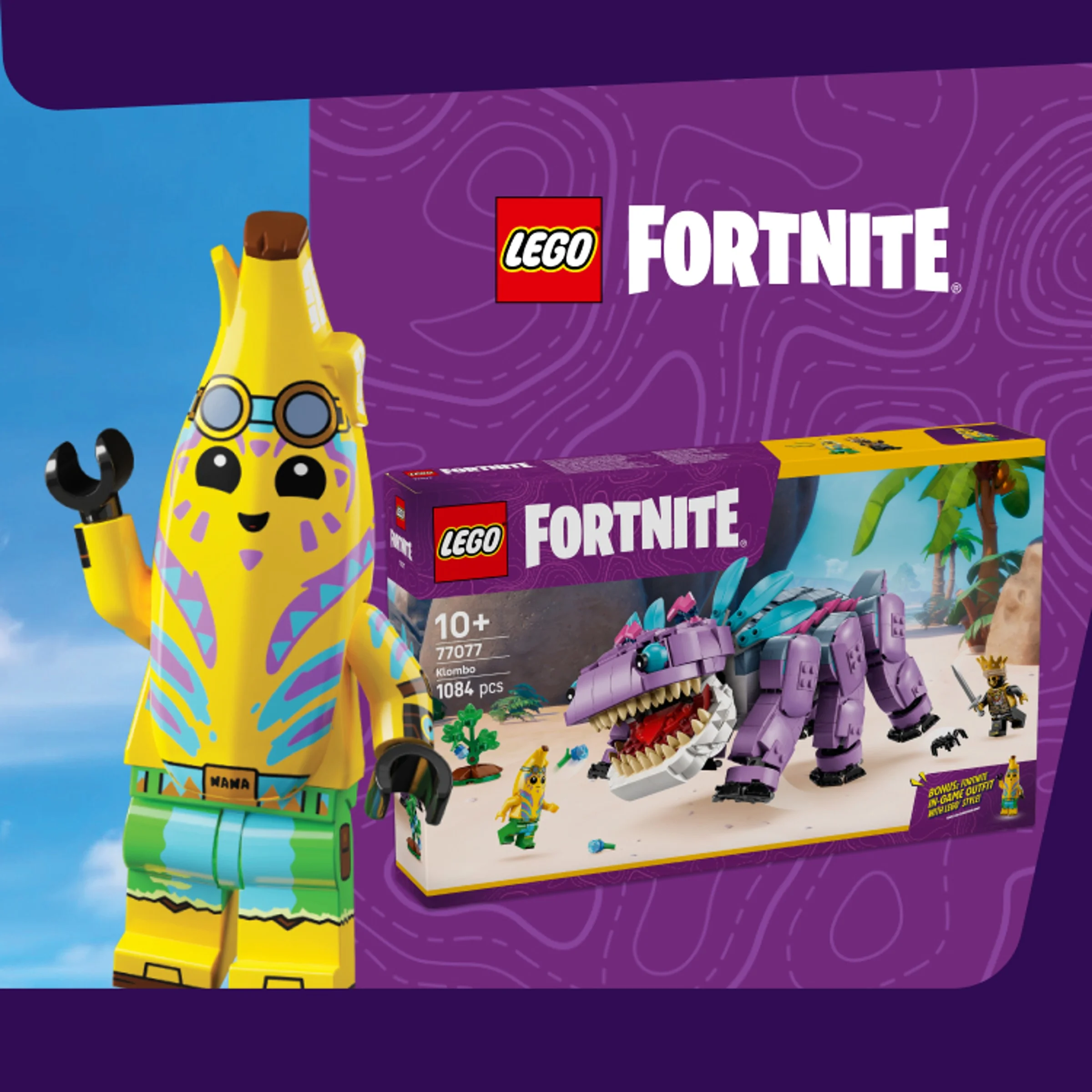 Imagine cu LEGO Klombo (77077), cu minifigurine și cutia setului. O jucărie captivantă!
