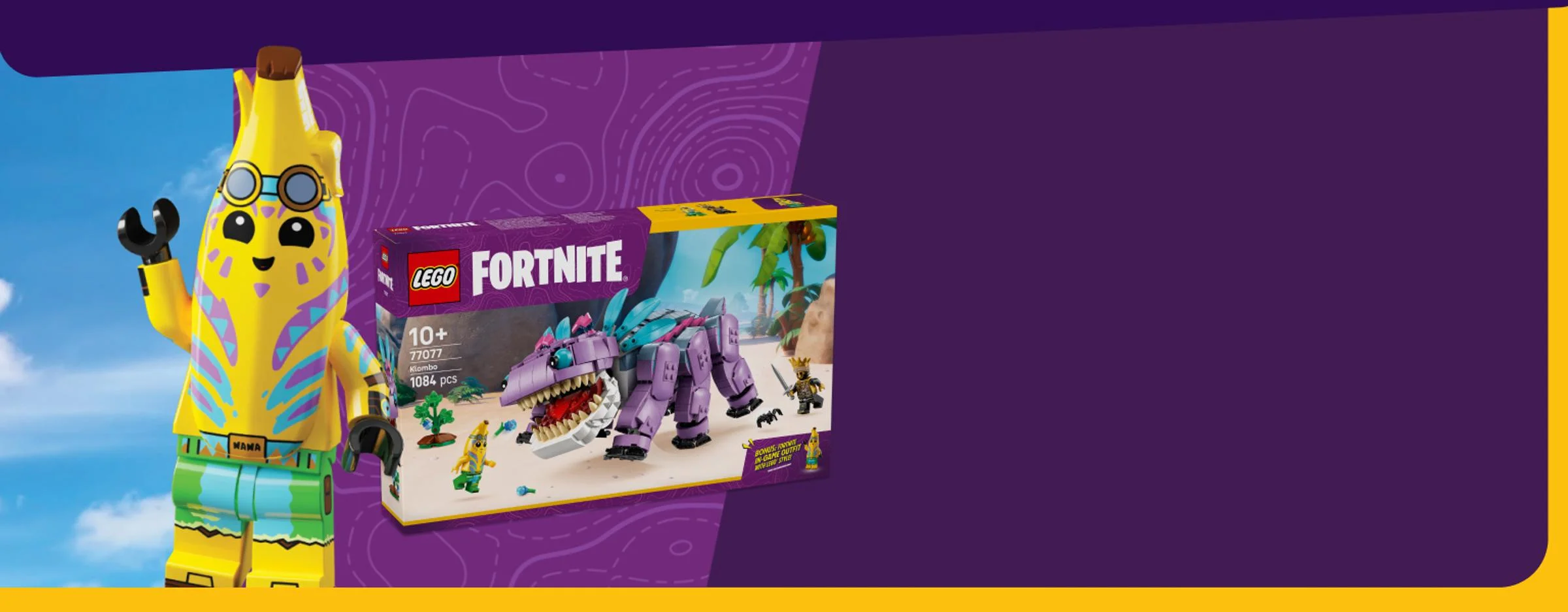Imagine cu setul LEGO Fortnite 77077 Klombo și minifigurina Peely. Setul include 1084 de piese.