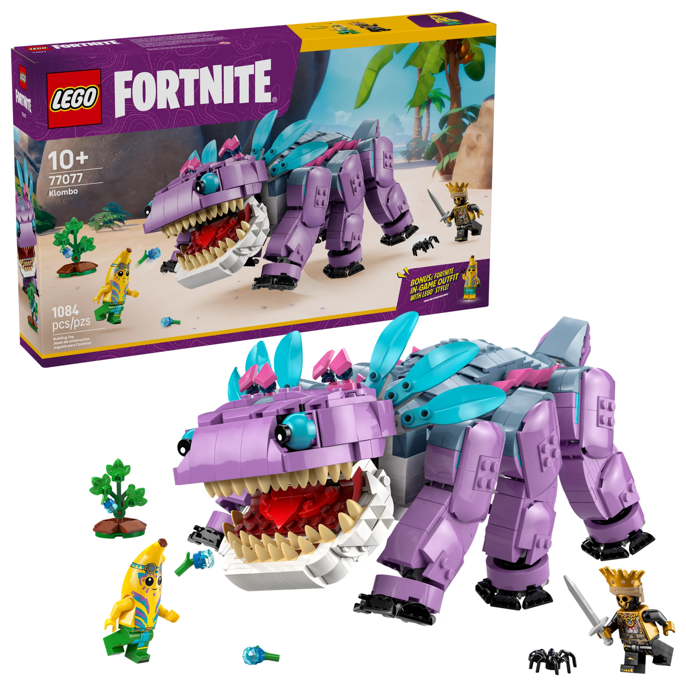 Imagine cu setul LEGO Fortnite 77077 Klombo, cu modelul și cutia. Conține minifigurine și detalii ale construcției.