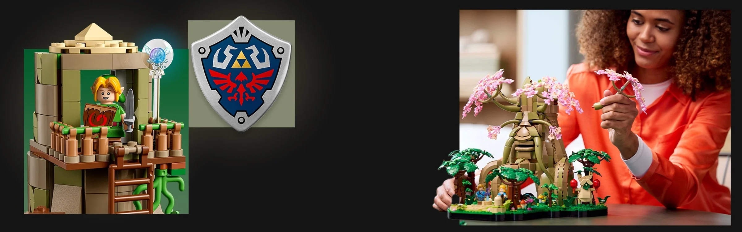 Imagine cu setul LEGO Great Deku Tree 2-în-1, cu detalii ale modelului și minifigurine.