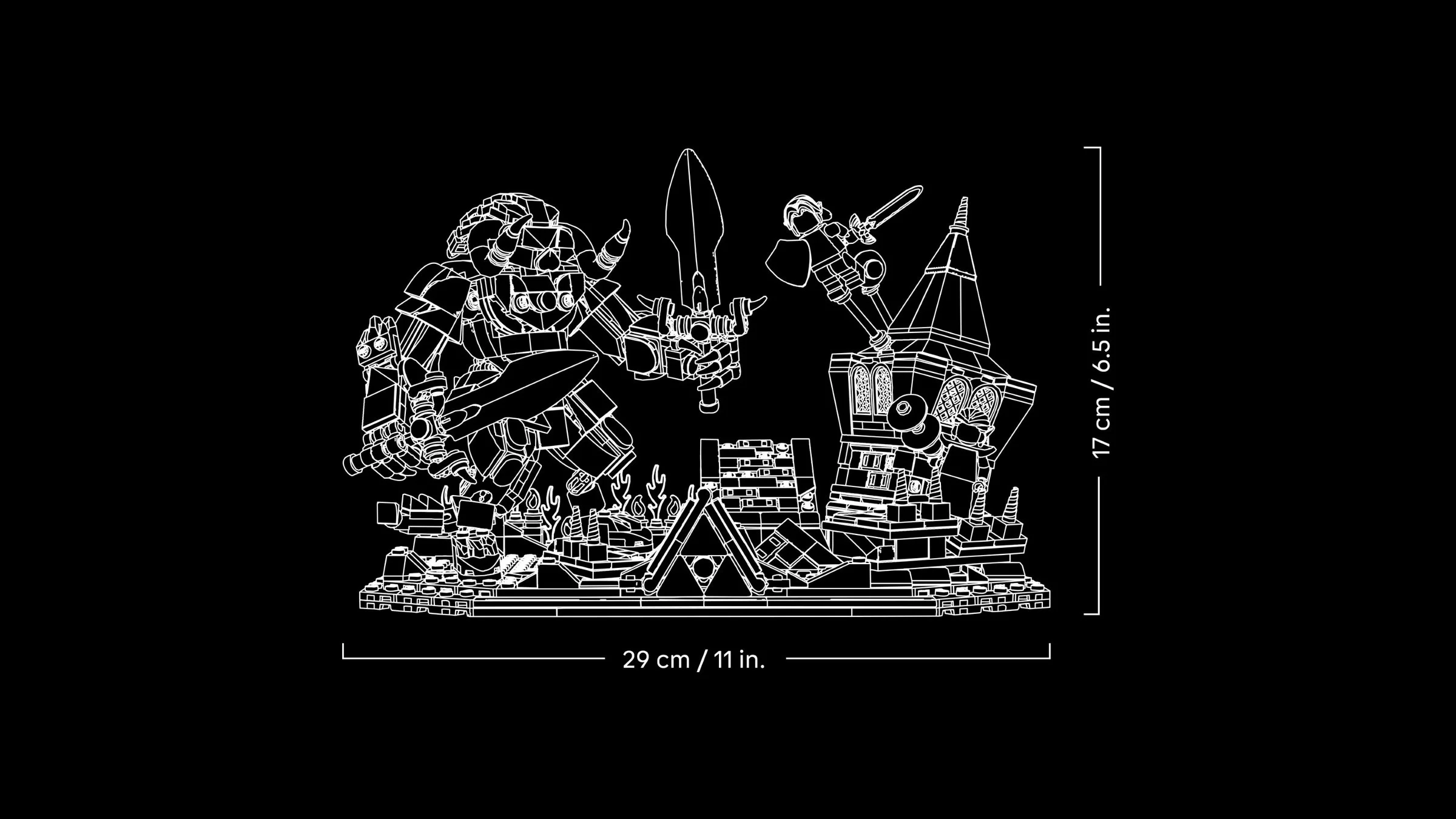 Schiță tehnică a setului LEGO Ocarina of Time - Bătălia Finală, dimensiuni indicate.