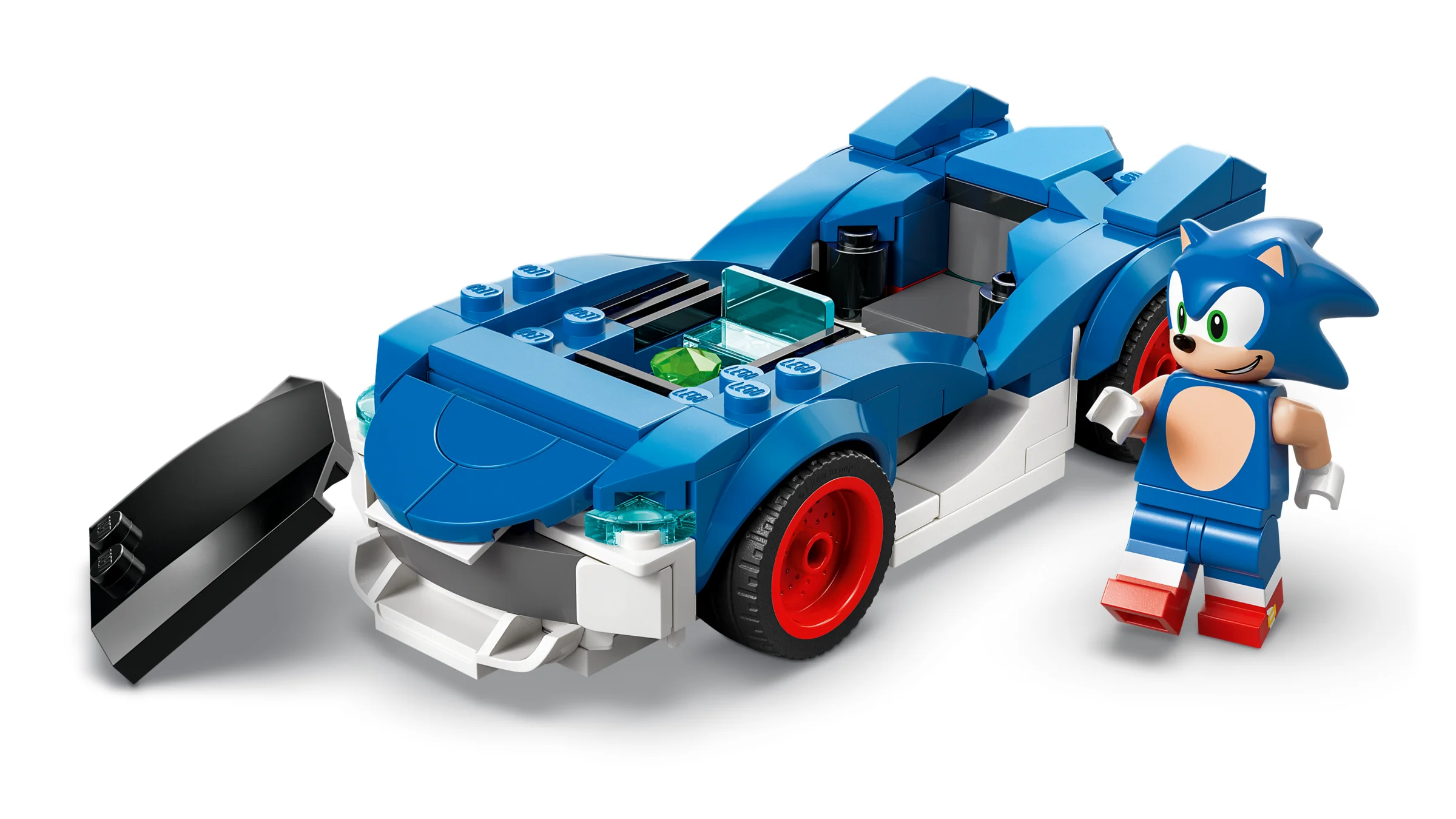 Imagine cu mașina albastră a lui Sonic și minifigurina Sonic. Aspect detaliat al setului LEGO 77117.