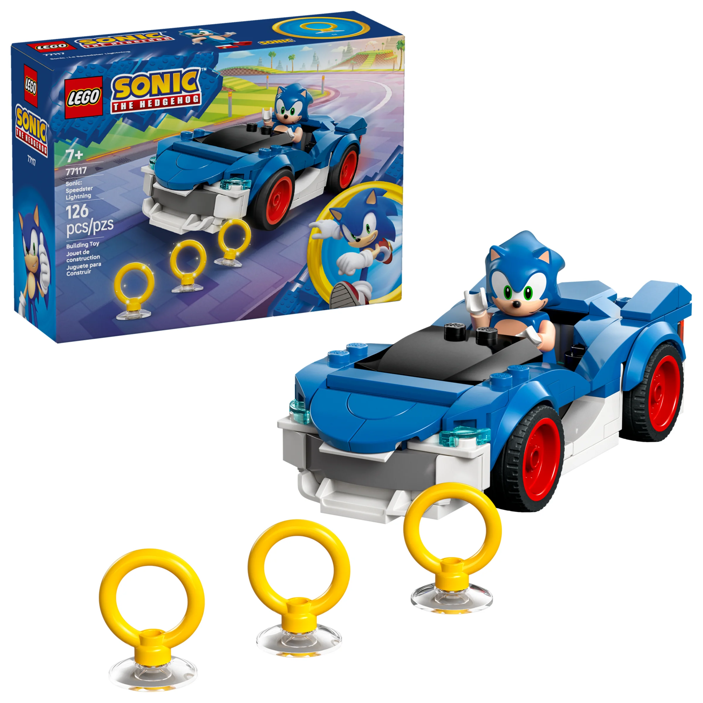 Imagine cu setul LEGO 77117 Sonic: Speedster Lightning și cutia. Sonic conduce mașina. Set distractiv pentru fani!