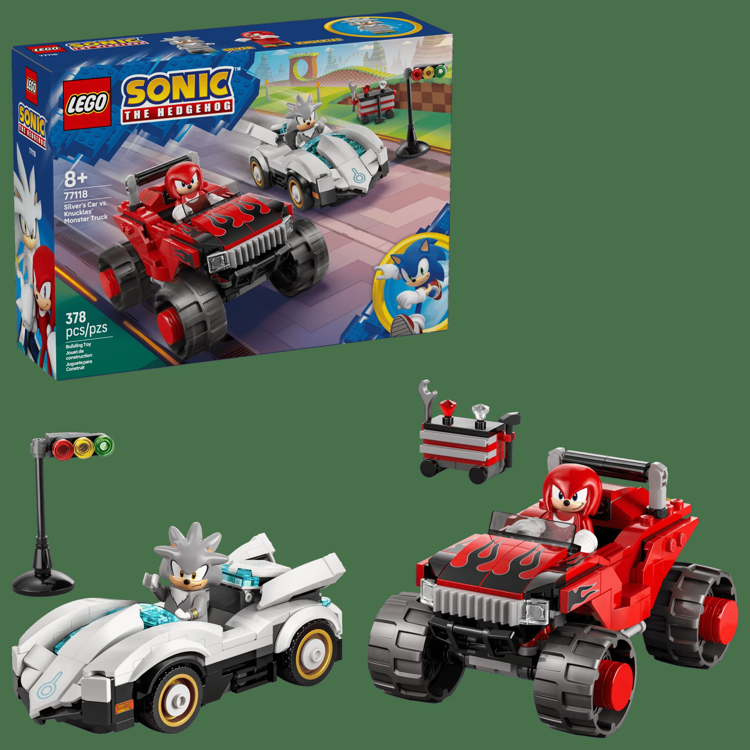 Imagine cu setul LEGO Sonic 77118, mașina lui Silver contra monster truck-ul lui Knuckles.