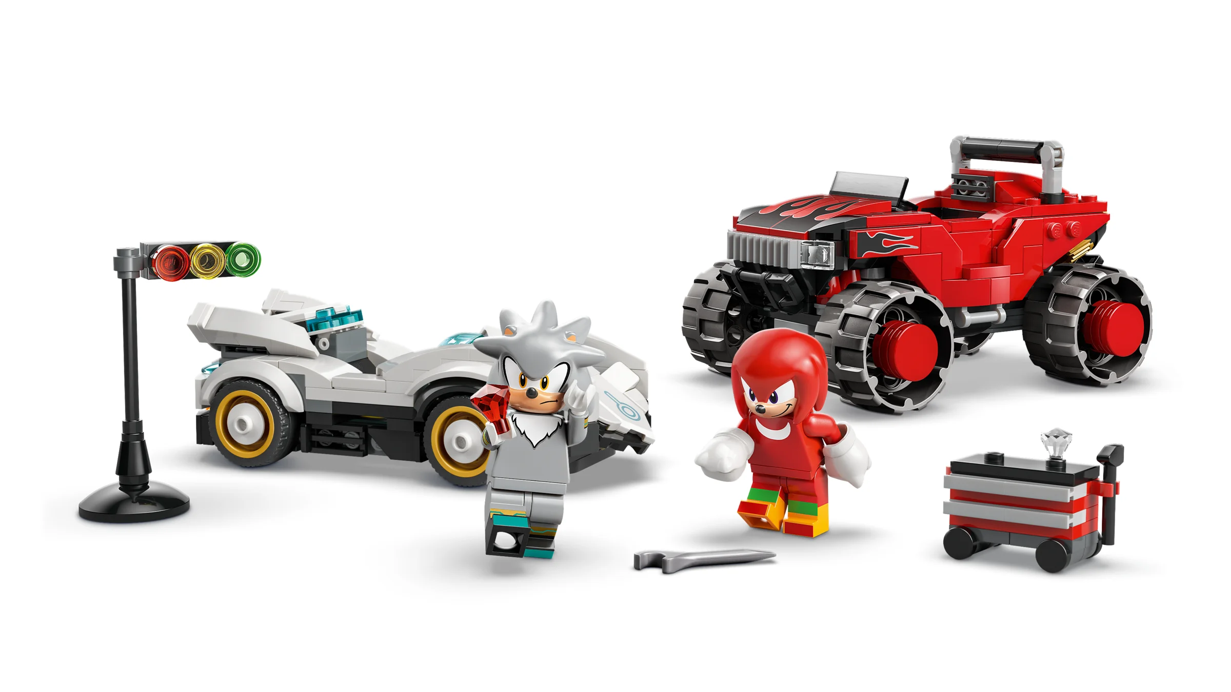 Imagine cu Silver's Car și Knuckles' Monster Truck, setul LEGO Sonic the Hedgehog 77118.