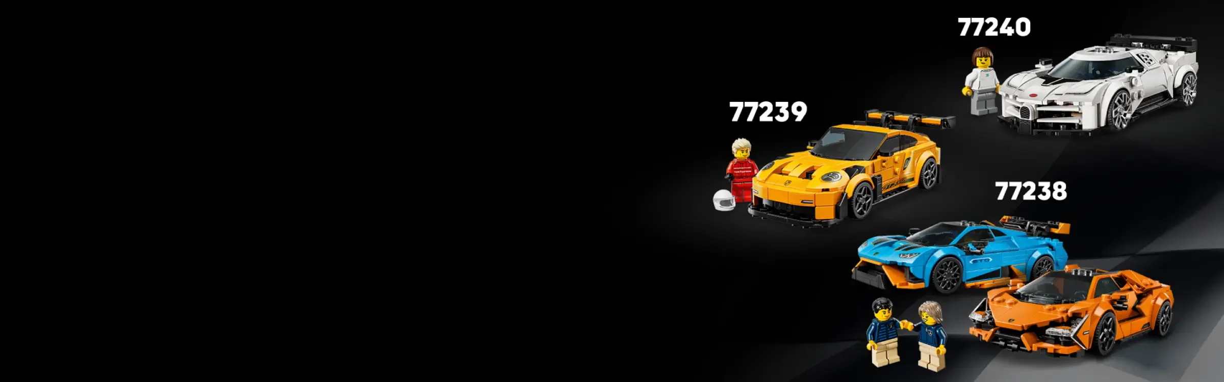 Prezentare cu modelele Speed Champions: Porsche, Lamborghini și Bugatti, cu minifigurine incluse.