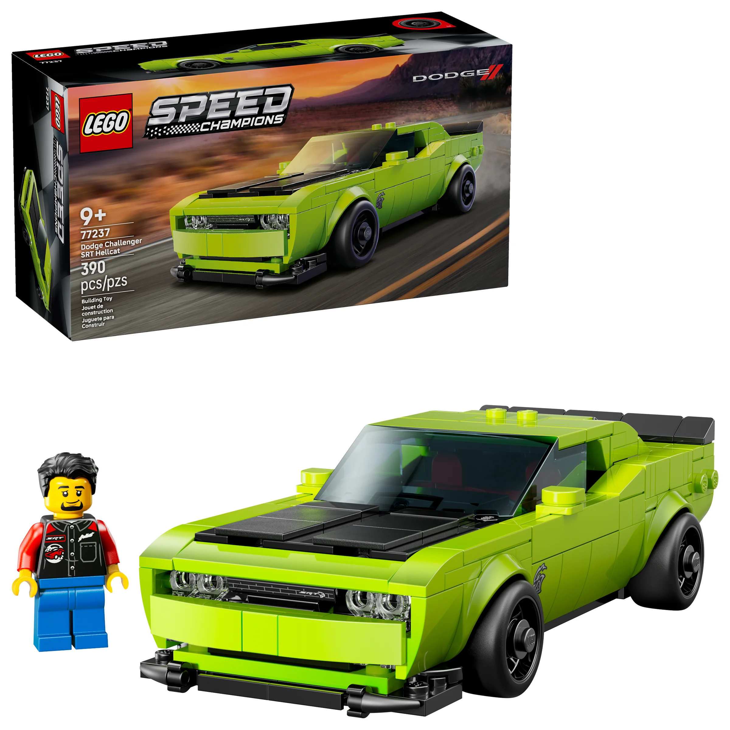 Imagine cu setul LEGO 77237 Dodge Challenger SRT Hellcat, model și cutie, plus minifigurina.