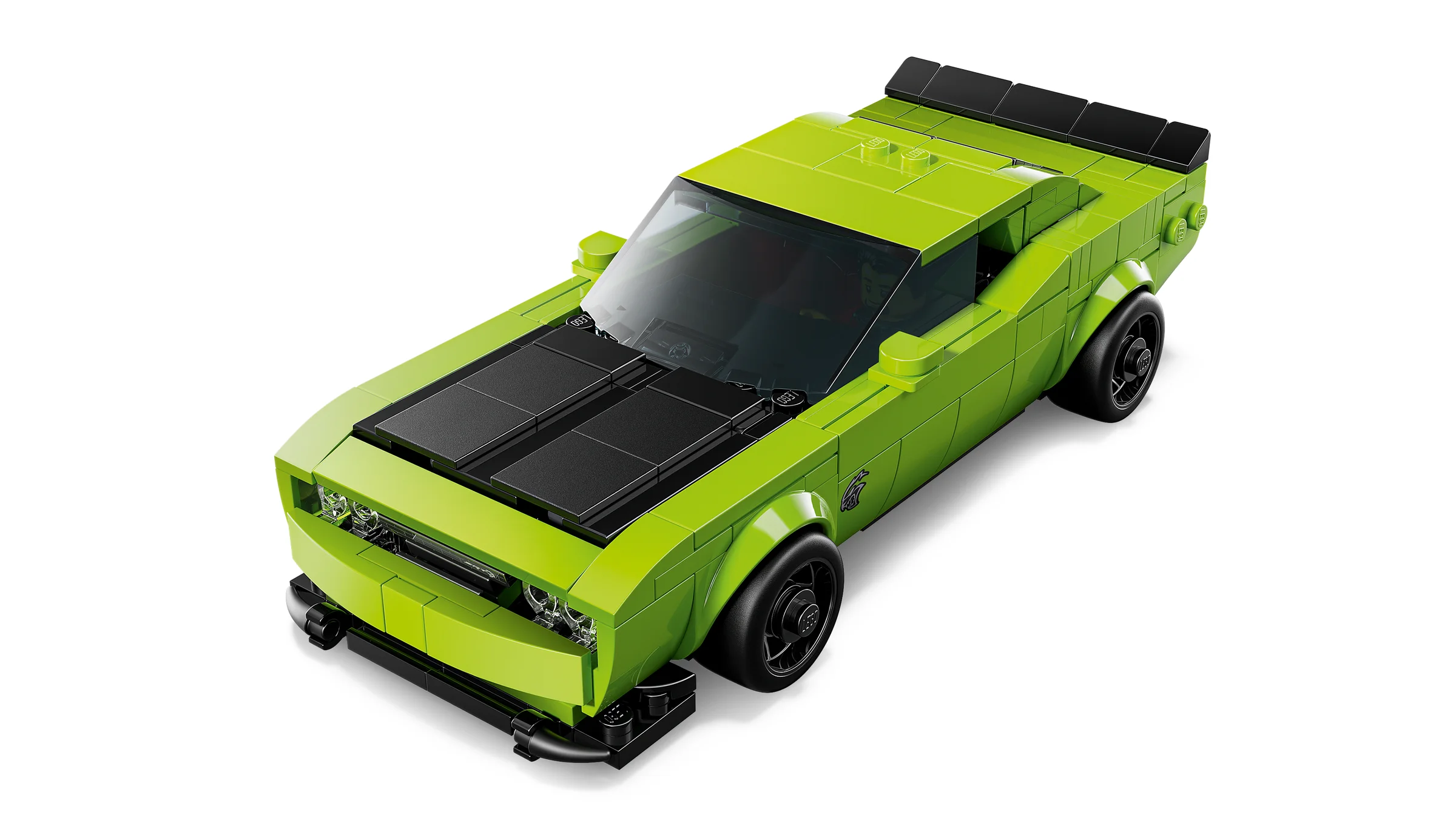 O vedere de sus a modelului Dodge Challenger SRT Hellcat, verde și negru, pe un fundal alb.