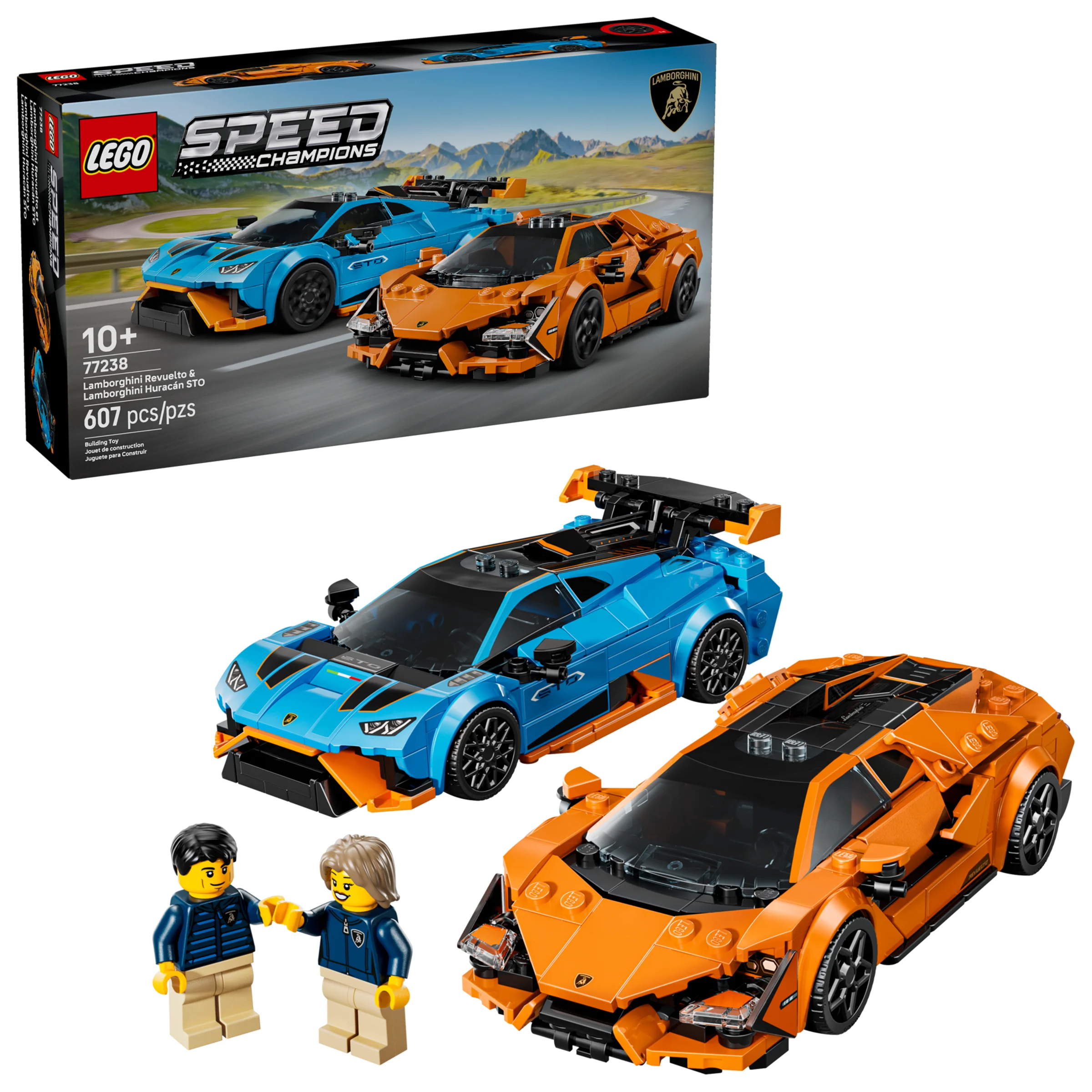 Imagine cu setul LEGO 77238, ce include modelele Lamborghini Revuelto și Huracán STO, plus minifigurine.