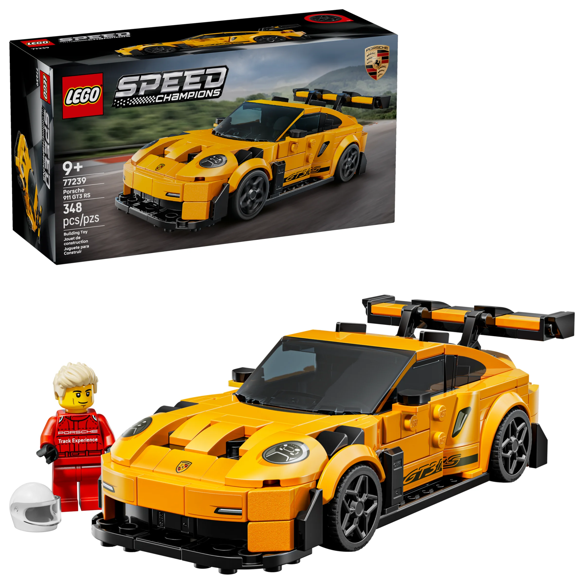 Imagine cu setul LEGO Porsche 911 GT3 RS (77239), incluzând cutia, mașina și minifigurina.