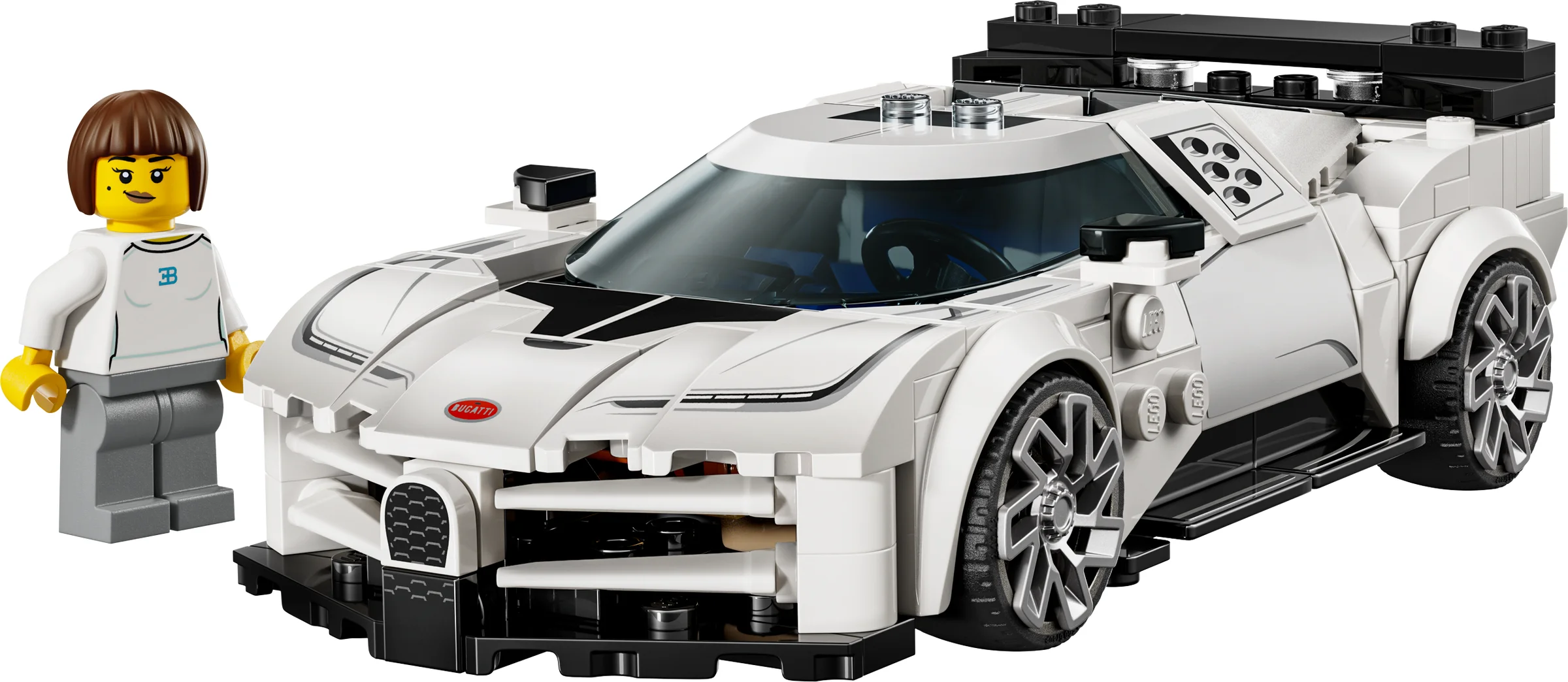 Modelul Bugatti Centodieci LEGO cu minifigurină, detaliu frontal. Mașină albă, elegantă.