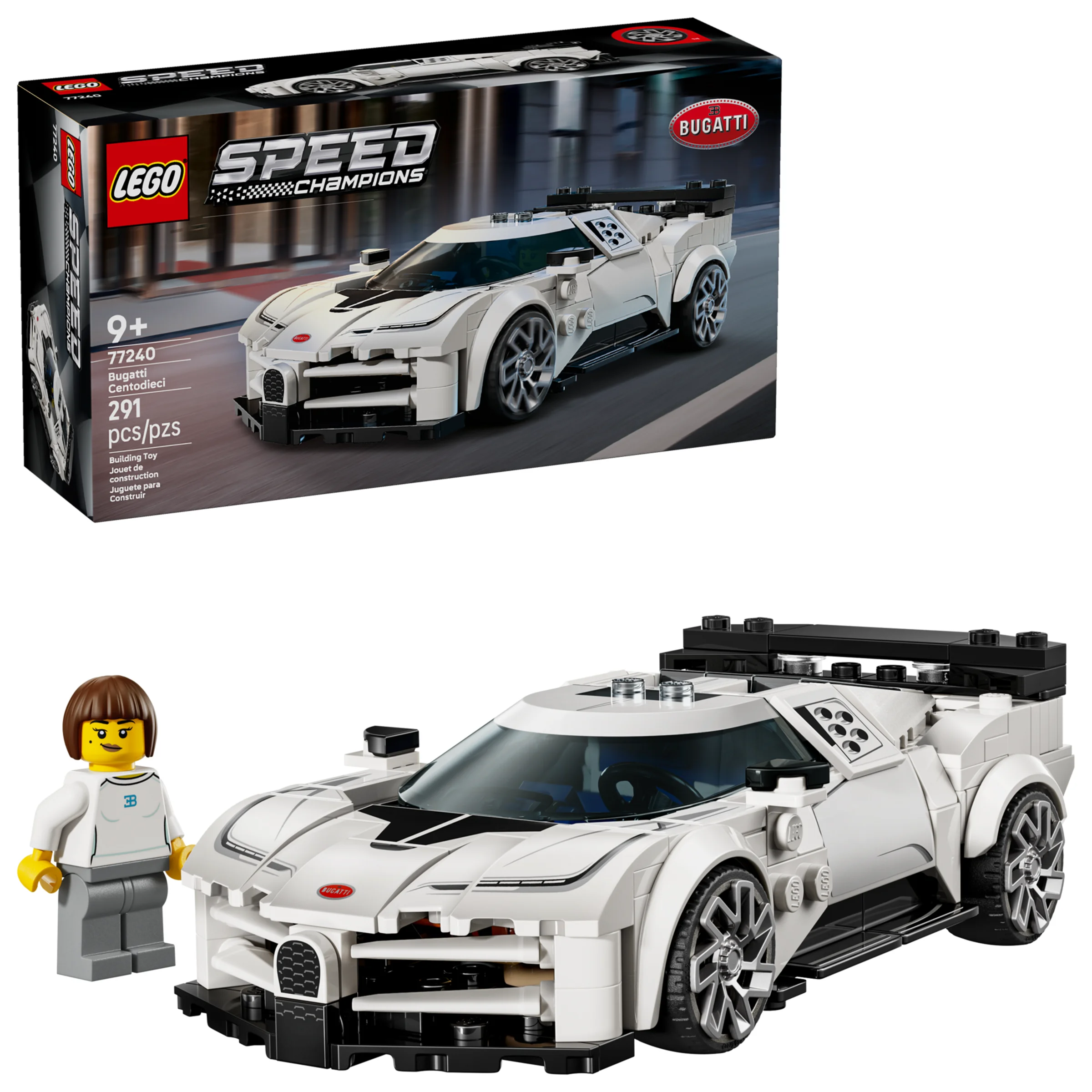 Imagine cu setul LEGO 77240 Bugatti Centodieci, incluzând cutia și o minifigurină.