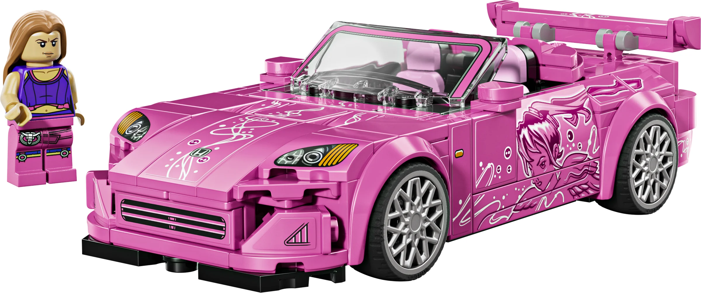 Prezentare detaliată a modelului LEGO Honda S2000, roz, din 2 Fast 2 Furious și minifigurina Mia Toretto.